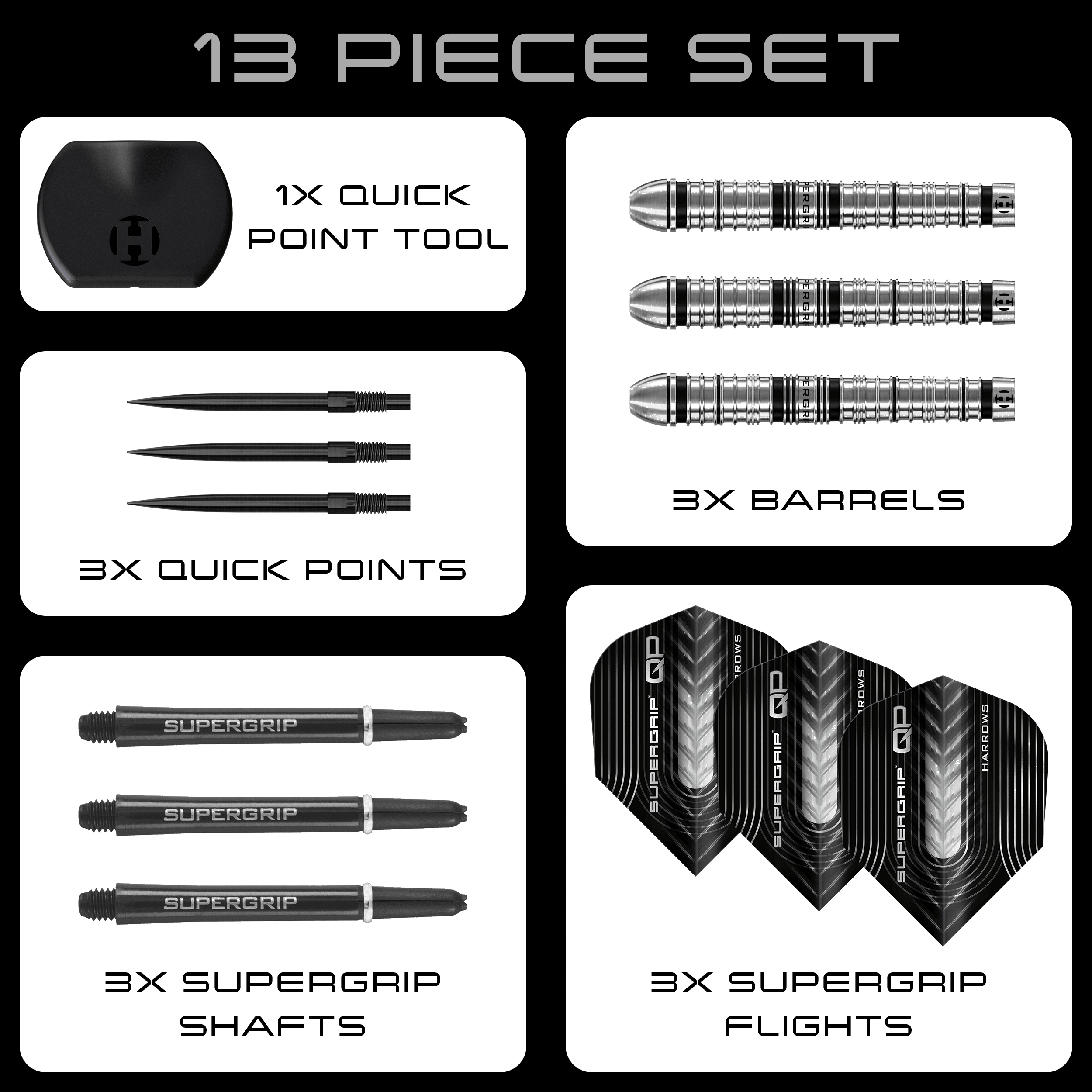 Harrows Supergrip Tapered Quick Point Steel Darts Zu sehen sind die Harrows Supergrip QP Tapered Quick Point Steeldarts. Diese Darts bieten eine hochwertige Verarbeitung für optimale Spieleigenschaften.