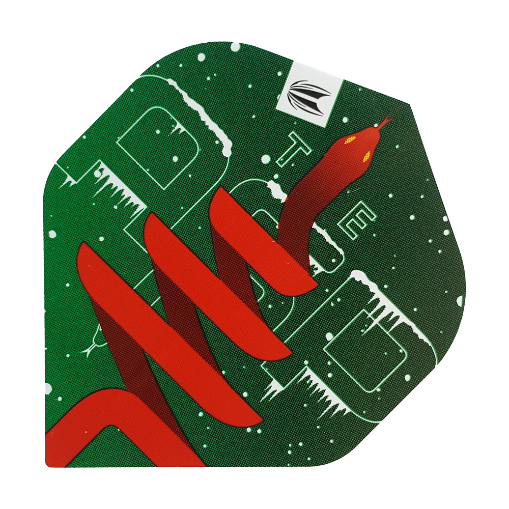 WF-2_Target_Merry_Christmas_Flights_Nathan_Aspinall_1B9w6m4JtYHPuM Das Bild zeigt einen Dartflight mit grünem Hintergrund und weihnachtlichen Schneeeffekten. Darauf ist eine rote Schlange abgebildet, die sich über das Design windet.