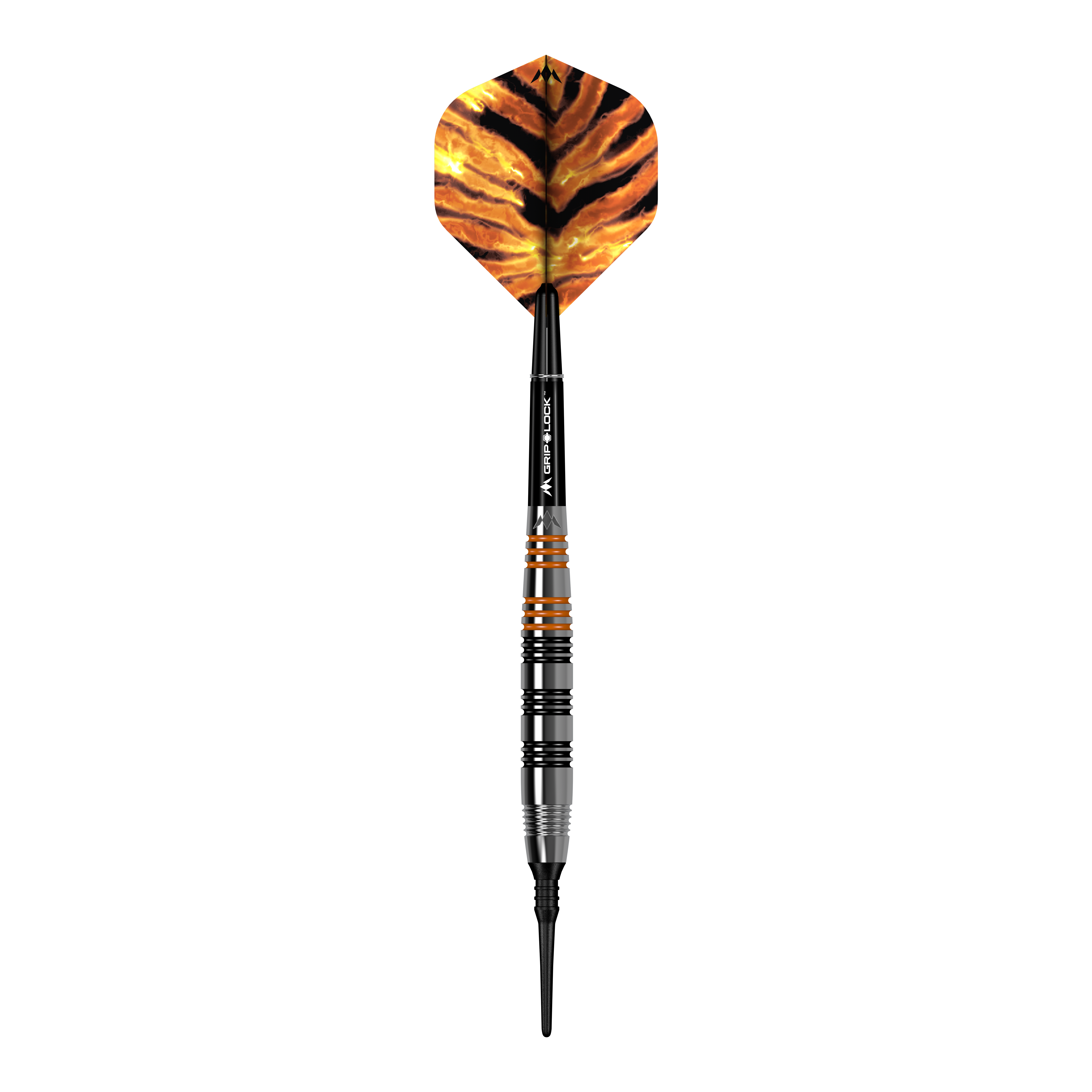 Mission Javan Brass Soft Darts - 18g Das Bild zeigt einen Softdart namens "Mission Javan Brass Softdarts - 18g". Der Dart hat eine schwarz-orangene Spitze und eine Flügel mit einem Tigerstreifenmuster.