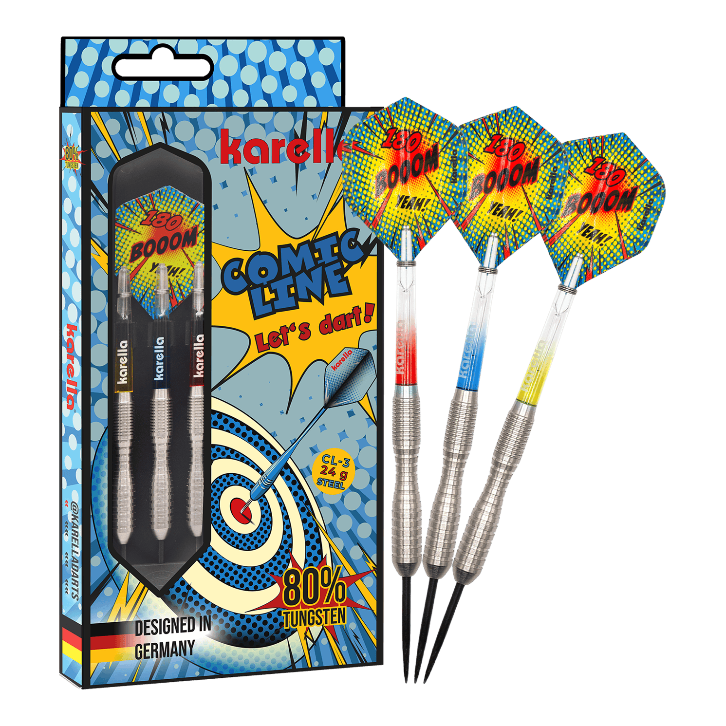 Karella Comic Line CL-3 steel darts - 24g Das Bild zeigt das Produkt Karella Comic Line CL-3 Steeldarts - 24g in voller Länge. Die Steeldarts sind klar zu erkennen.