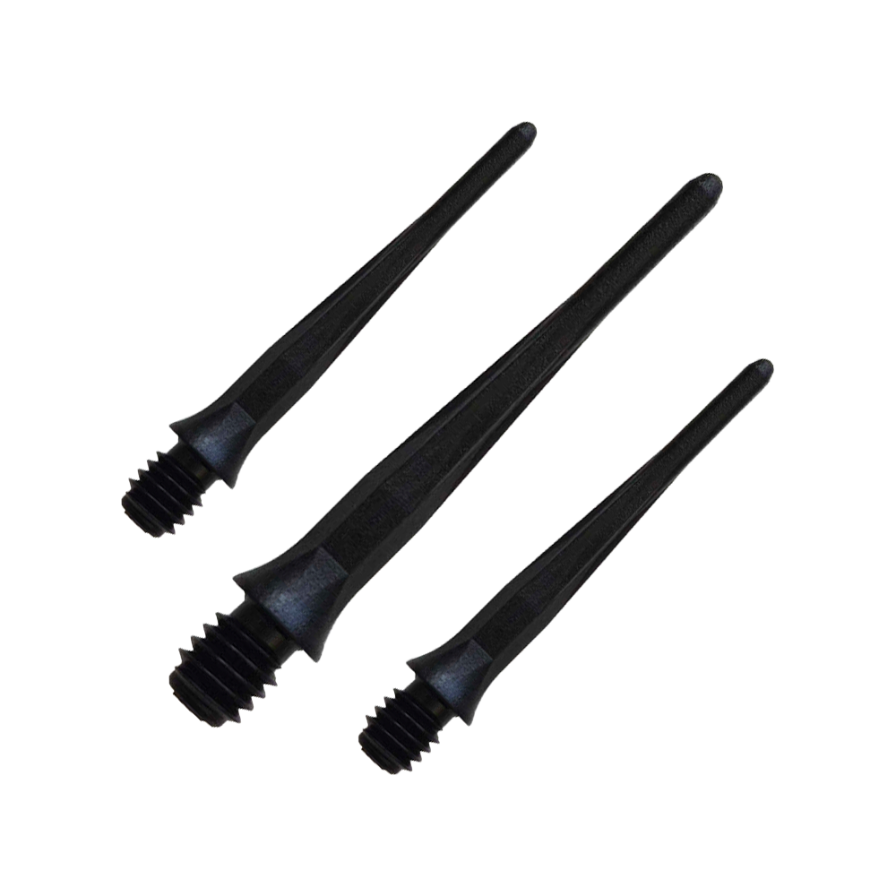Caliburn 2BA soft dart tips black - pack of 50 Zu sehen ist ein Set der Caliburn 2BA Softdartspitzen Schwarz im 50er Pack. Diese Spitzen bieten zuverlässigen Halt für Dartspieler.