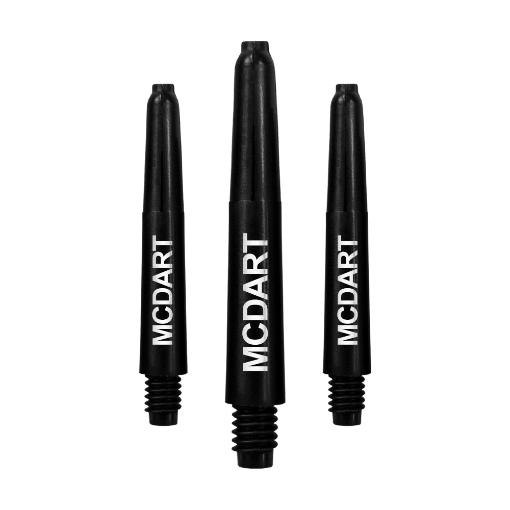MD-609_Nylon_Shafts_mit_Wunschdruck_Schwarz_35mm_1 Auf dem Bild sind drei schwarze Dartschäfte zu sehen. Auf jedem Schaft steht der weiße Schriftzug "MCDART".