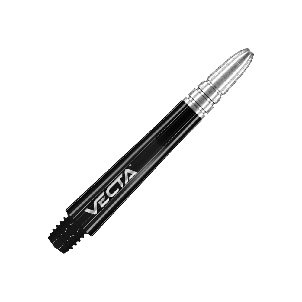 Winmau Vecta Shafts - Schwarz Silber Auf dem Bild ist ein schwarzer und silberner Dart-Schaft mit der Aufschrift "VECTA" zu sehen. Der Schaft hat ein glänzendes Design und einen metallischen Abschluss.