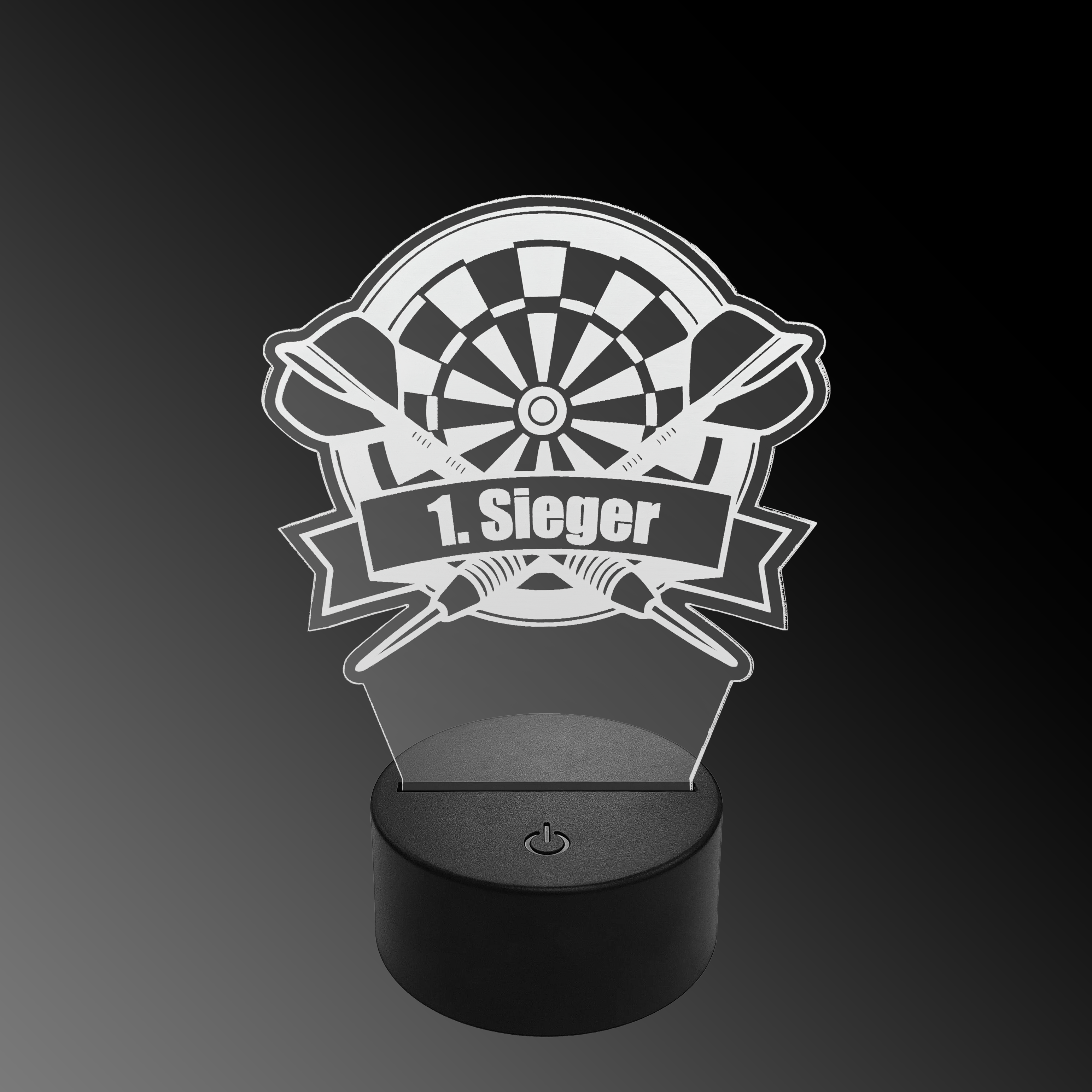 LED plexiglass dart lamp with custom text Das Bild zeigt eine LED-Lampe mit einem Plexiglasaufsatz in Form eines Dartboards und zwei gekreuzten Darts. Auf dem Schild steht "1. Sieger" geschrieben.