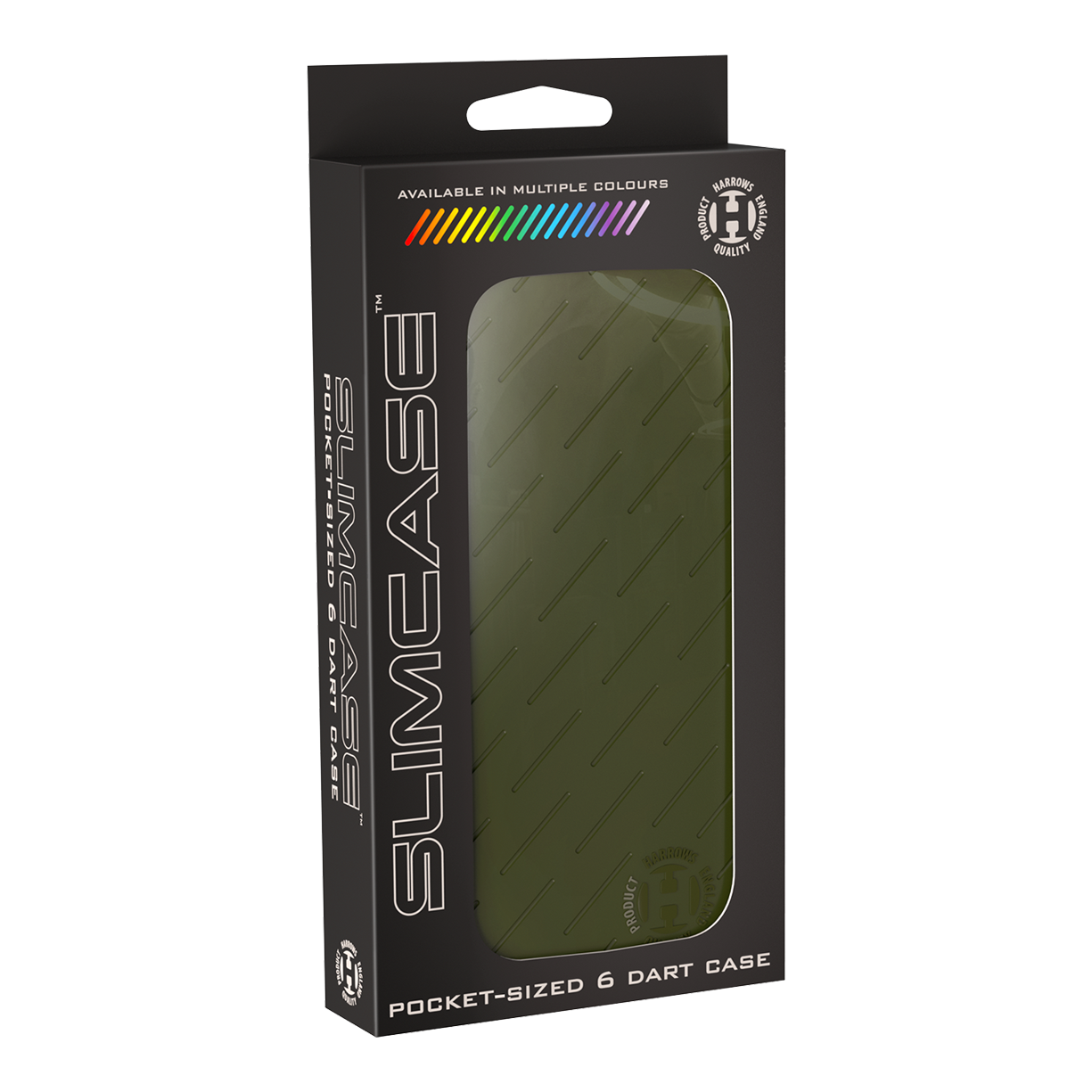 Harrows Slimcase Dart Case Die Abbildung zeigt eine grüne Slimcase Darttasche in ihrer Verpackung. Auf der Verpackung steht "Pocket-sized 6 Dart Case" und sie ist in mehreren Farben erhältlich.