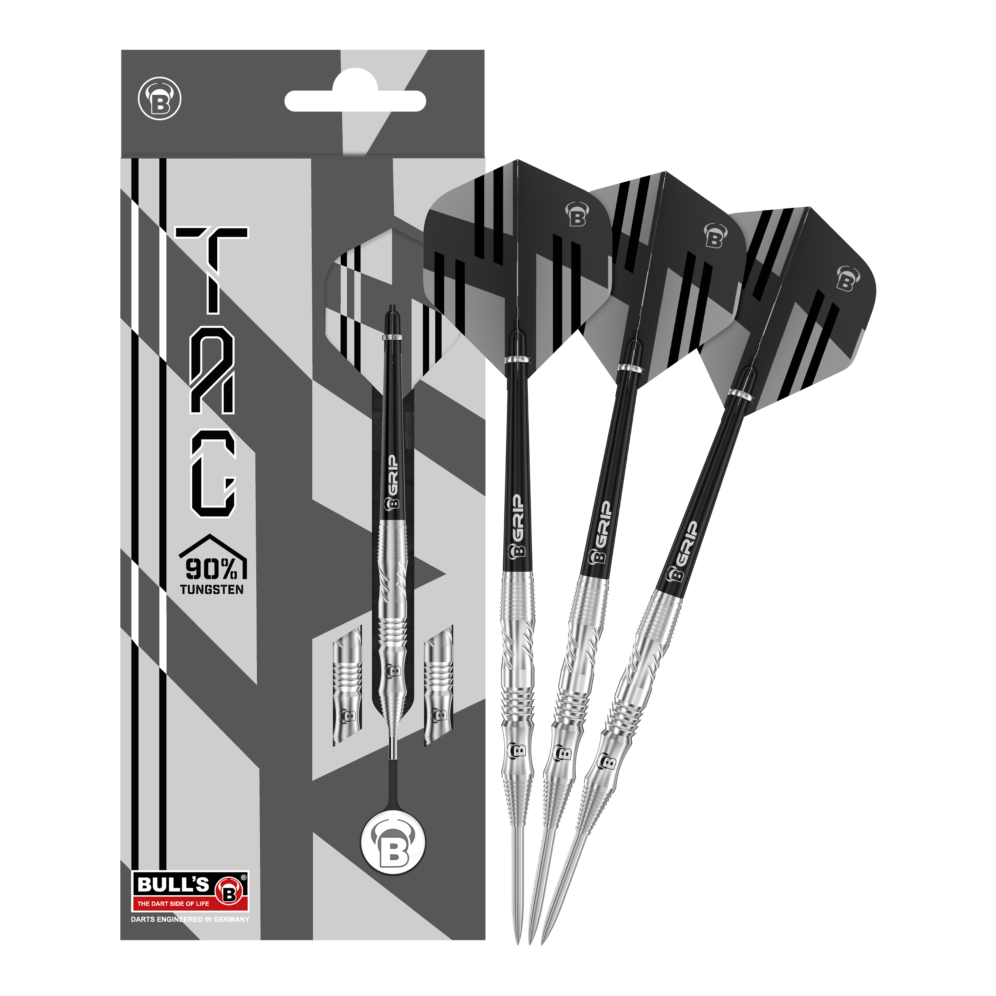 Bulls Tac T1 Steeldarts Das Bild zeigt die Bulls Tac T1 Steeldarts zusammen mit ihrer Verpackung. Die Darts bestehen zu 90% aus Tungsten und haben ein modernes, schwarz-silbernes Design.
