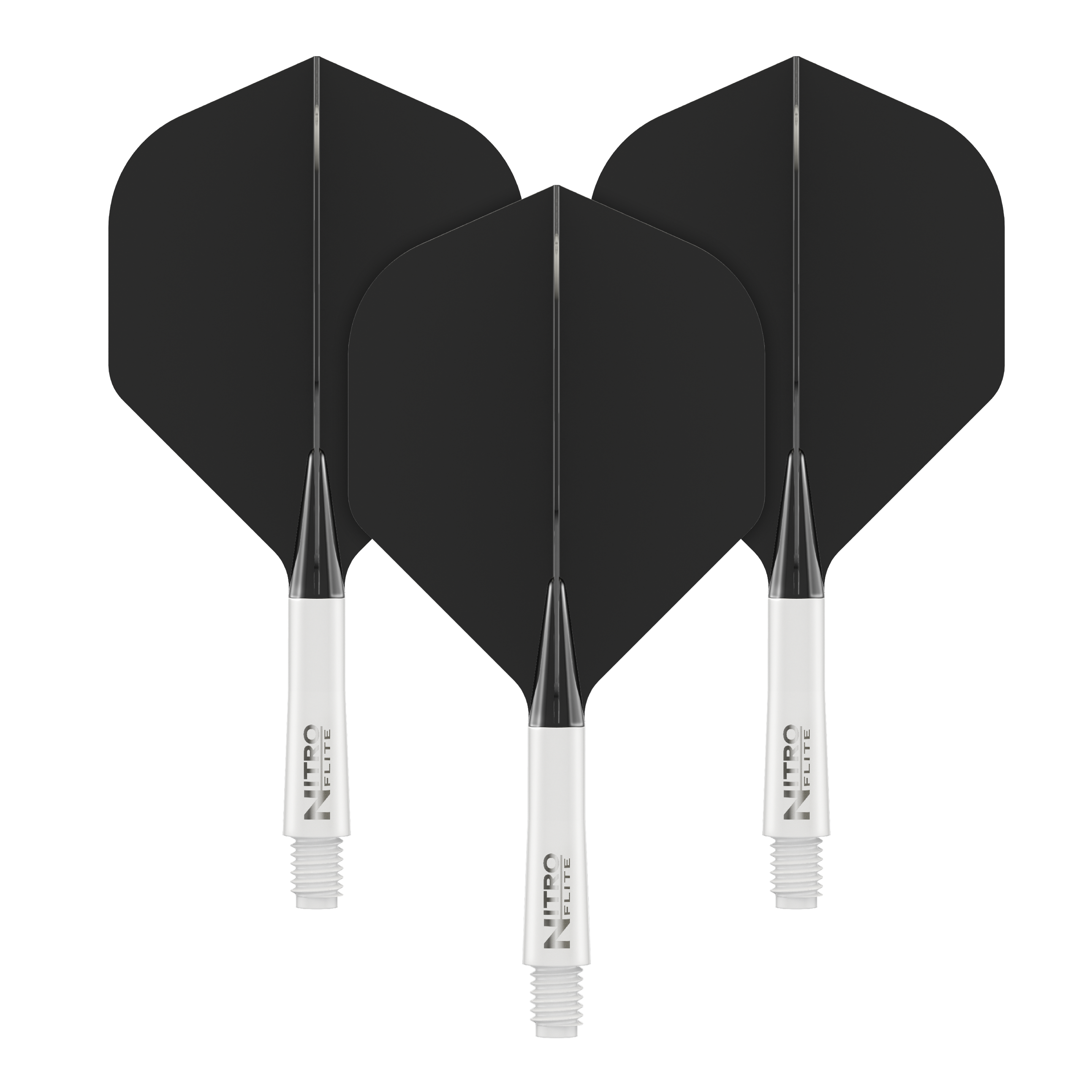 Red Dragon Nitroflite - White Shaft Black No2 Flights Auf dem Bild sind drei schwarze Dartflights mit weißen Schäften zu sehen. Auf den Schäften steht der Schriftzug „NITRO FLITE“.