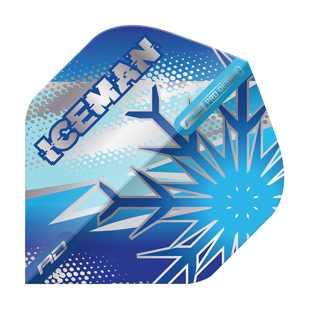 Red Dragon Gerwyn Price Blue Flake No2 Standard Flights Das Bild zeigt ein Dart-Flight mit frostigem, blauem Design und einer großen Schneeflocke. Auf dem Flight steht das Wort "ICEMAN" in auffälligen Lettern.