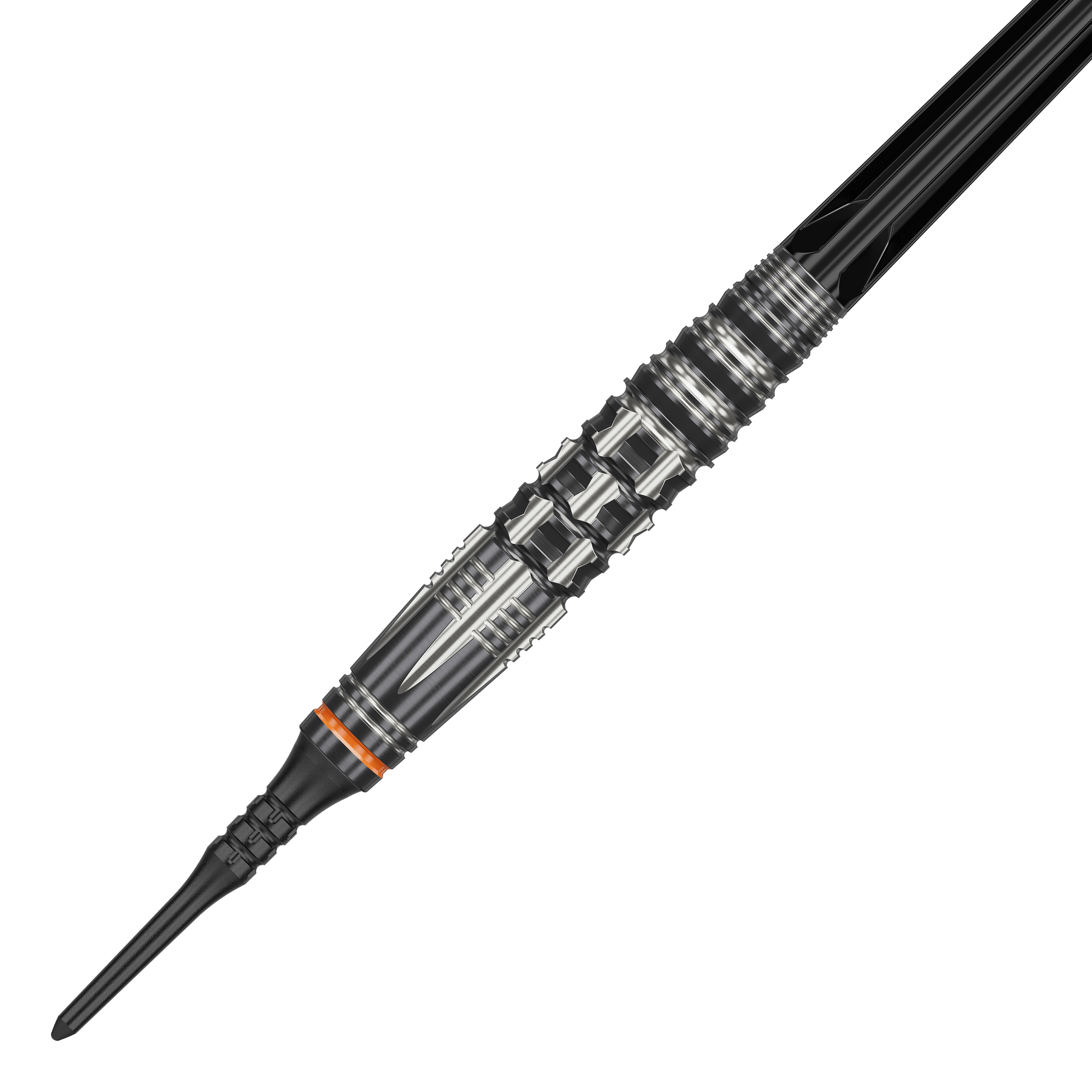 Target Japan Black Marque Dancing Duck GEN 4 Soft Darts - 17g Das Bild zeigt einen Target Japan Black Marque Dancing Duck GEN 4 Softdart mit einem Gewicht von 17g. Der Dartpfeil hat ein auffälliges silber-schwarzes Design mit vielen feinen Details und einem orangefarbenen Ring.