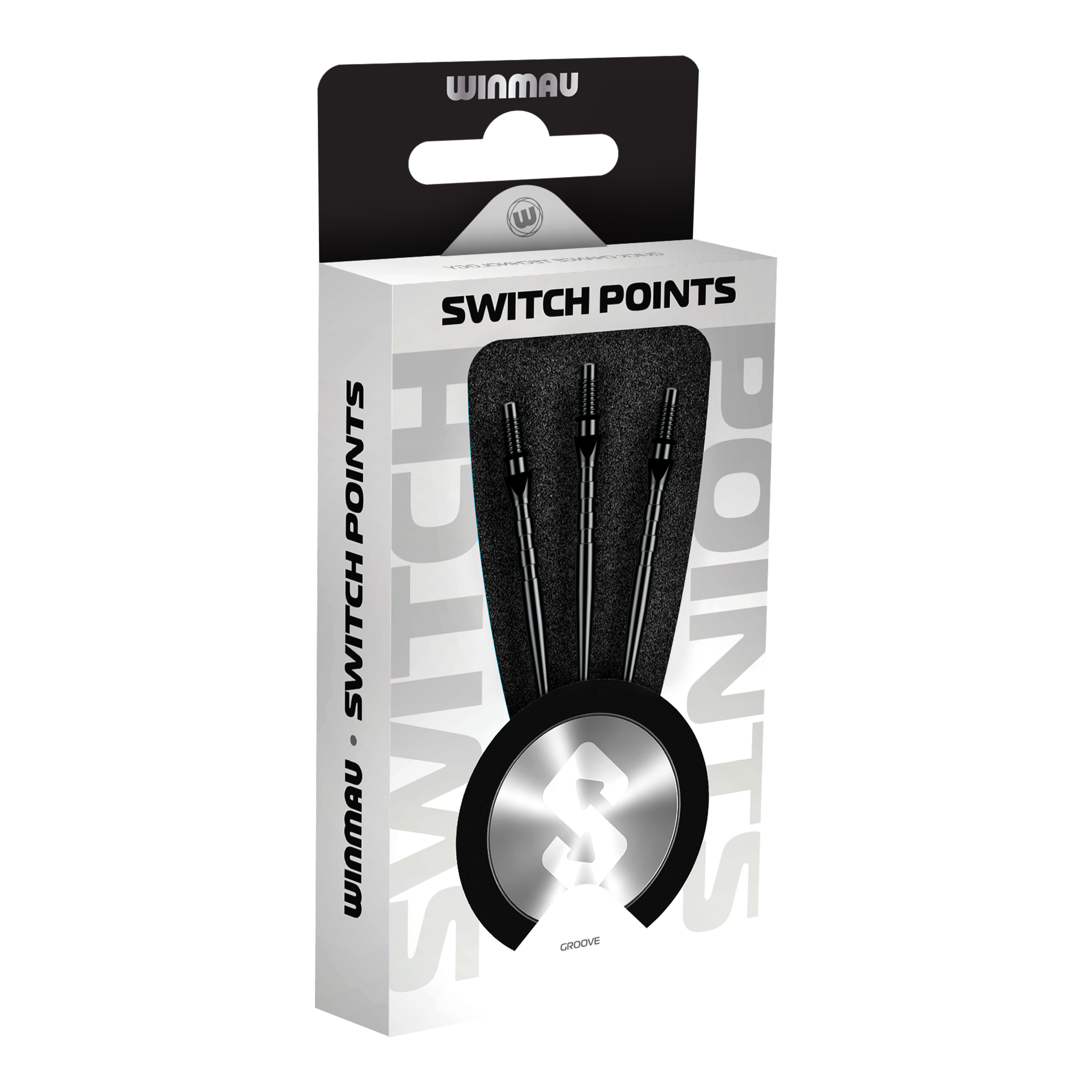 Winmau Switch Point Groove Steel Dart Tips - Black Abgebildet sind Winmau Switch Point Groove Steeldartspitzen in Schwarz. Die Dartspitzen haben Rillen und eine schwarze Farbe.