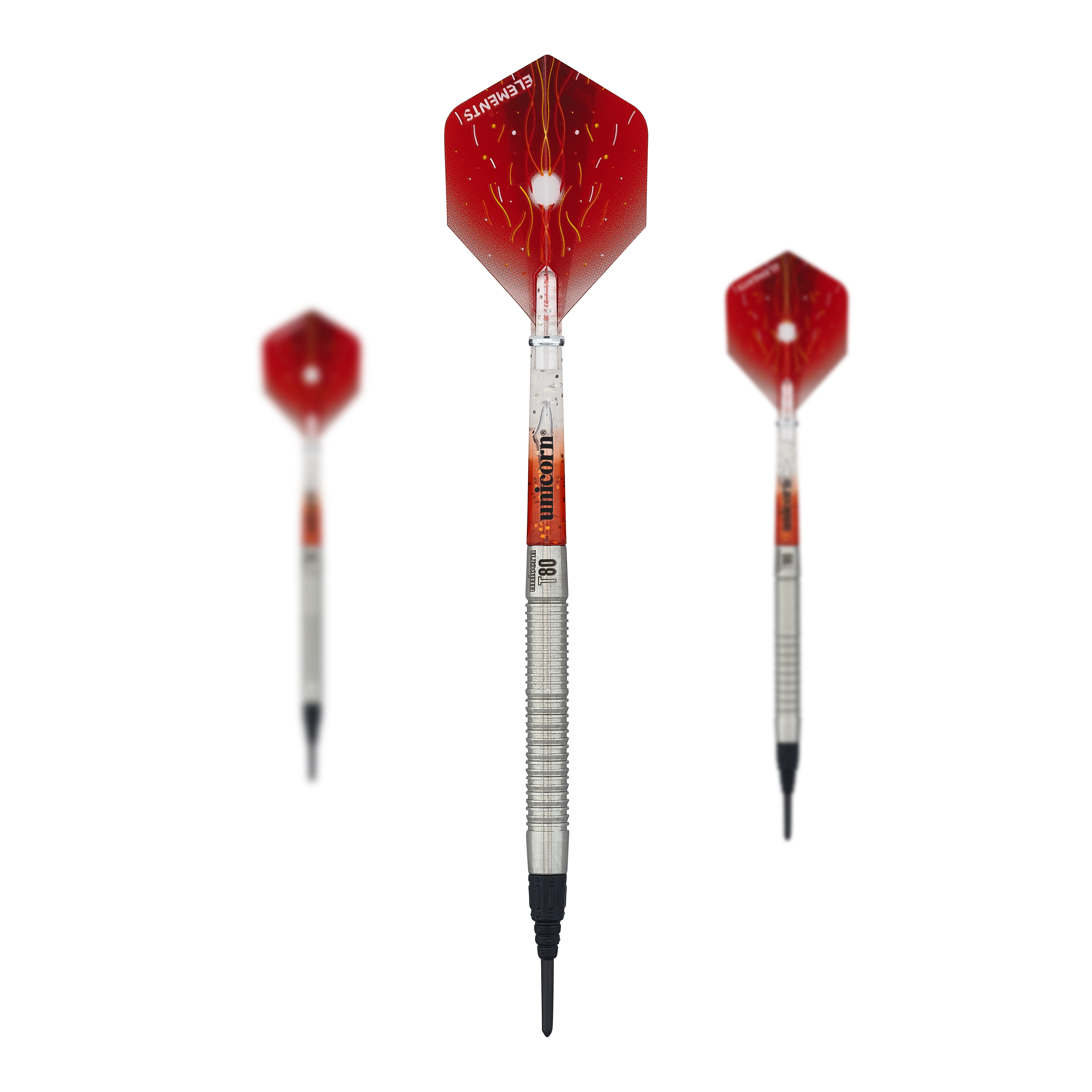 Unicorn Core XL Striker Style 1 Soft Darts - 19g Das Bild zeigt drei Softdarts des Modells "Unicorn Core XL Striker Style 1" mit einem Gewicht von 19g. Die Flights der Darts sind rot mit einem Blitzdesign, und die Schäfte sind silbern.