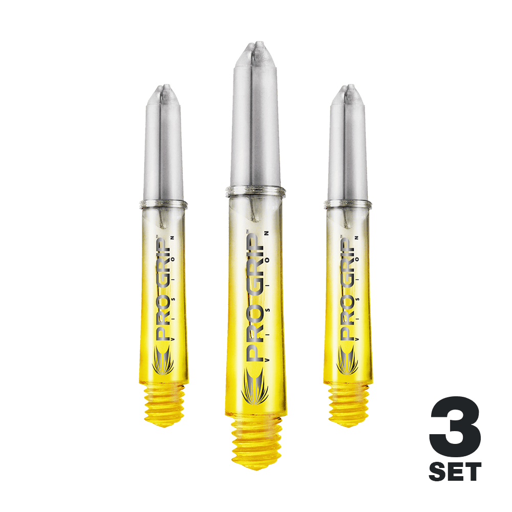 Target Pro Grip Vision Shafts - 3 Sets - Yellow Auf dem Bild sind drei gelbe Pro Grip Vision Shafts für Darts zu sehen. Unten rechts steht, dass es sich um ein 3er-Set handelt.