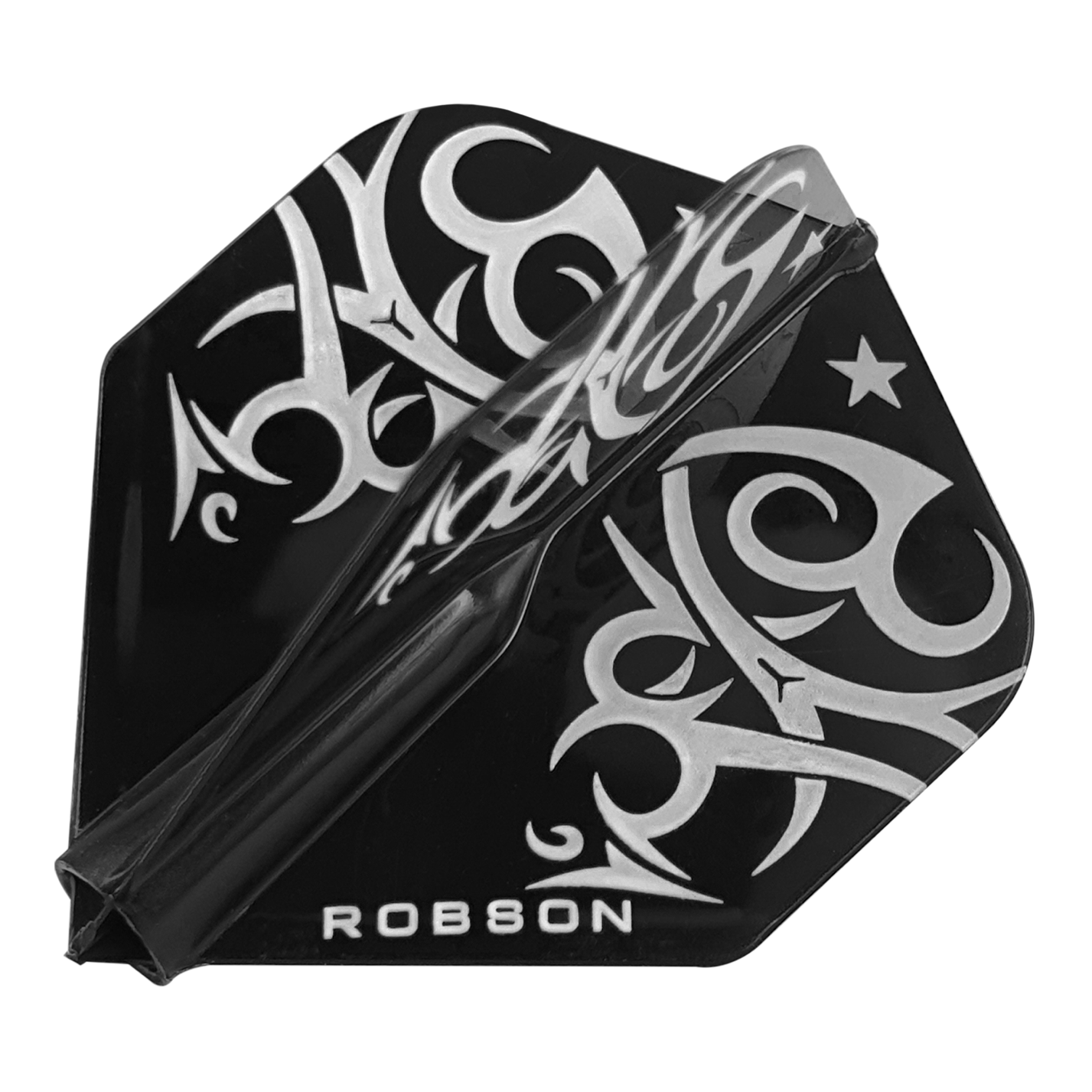 Robson Plus Tribe Standard Flights Das Bild zeigt den Robson Plus Tribe Standard Flight, ein Zubehör für Dartpfeile. Das Design ist schwarz mit auffälligen silbernen Tribal-Mustern und dem Schriftzug "ROBSON".