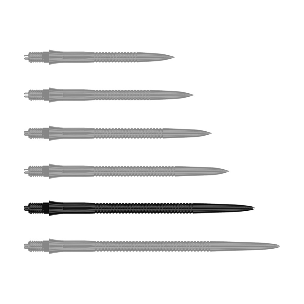 Caliburn EZ-EVO Dart Tips - Grooved - Black Dieses Bild zeigt eine schwarze Dartspitze mit Rillenmuster, 45 mm lang. Die Dartspitze wird einzeln präsentiert.