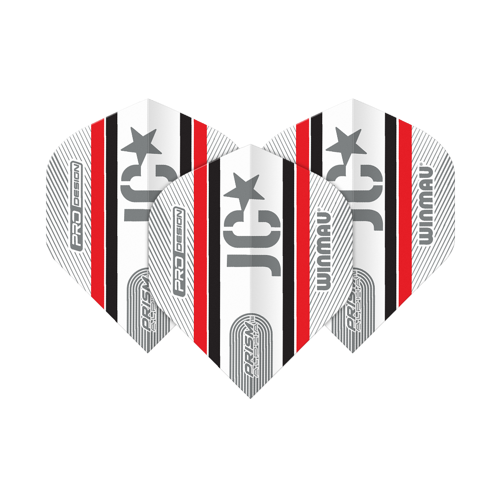 Das Bild zeigt drei Winmau Alpha Joe Cullen 85 Standard Flights für Darts. Sie sind überwiegend weiß mit schwarzen und roten Streifen sowie silbernen Aufdrucken.