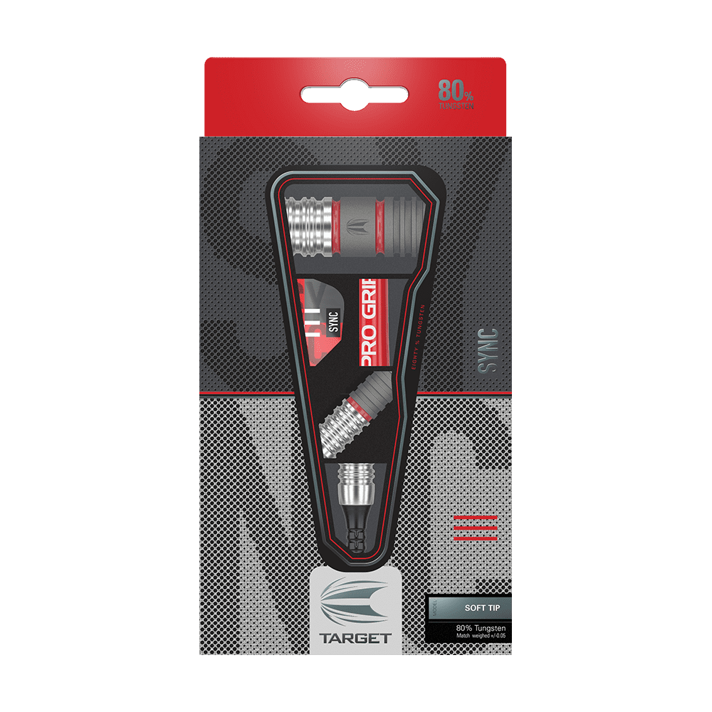 Auf dem Bild ist eine Verpackung mit Softdarts der Marke Target zu sehen. Die Darts bestehen zu 80 % aus Tungsten und haben die Bezeichnung "SYNC".