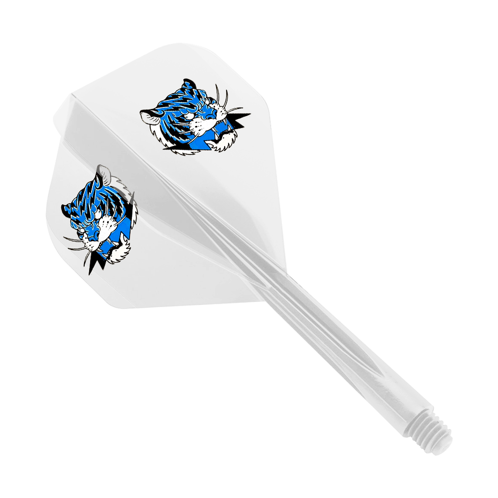 Das Bild zeigt ein Dart-Flight-System in transparentem Gelb mit einem kleinen Format. Auf den Flights ist ein blauer Tigerkopf abgebildet.