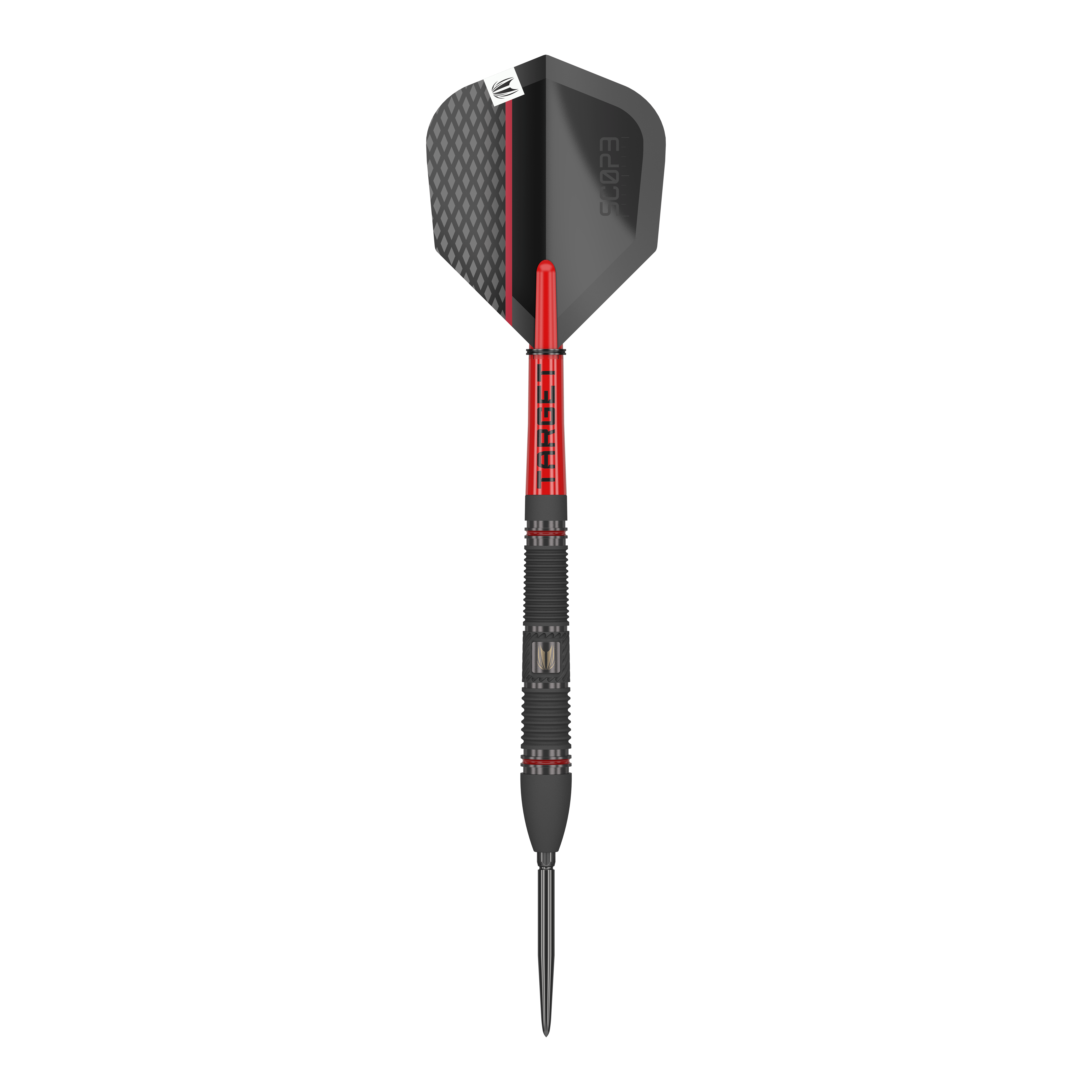 Target Scope 02 Swiss Point steel darts Das Bild zeigt einen Target Scope 02 Swiss Point Steeldart. Der Dart ist schwarz und rot gestaltet und hat eine strukturierte Spitze sowie ein modernes Flight-Design.