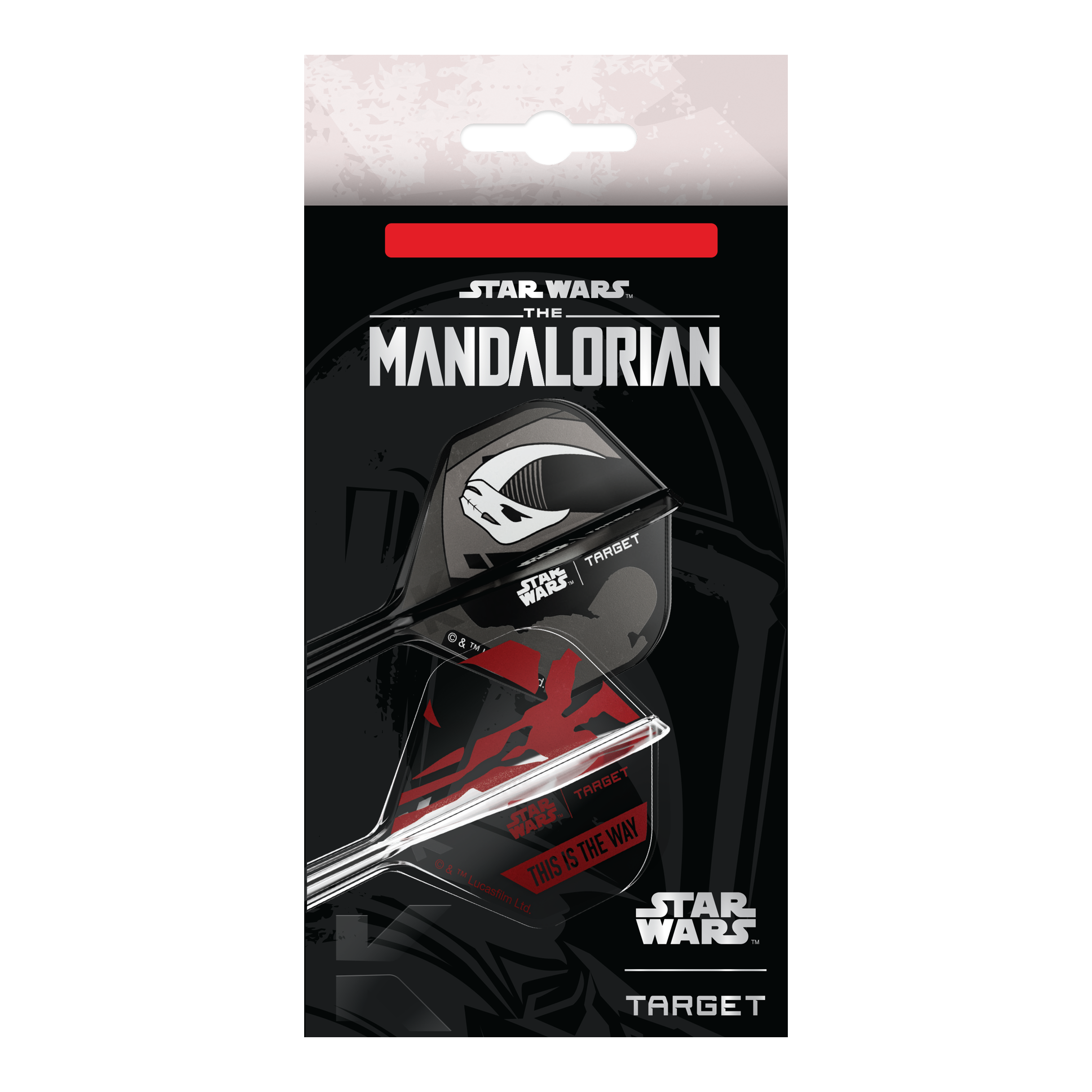 Target Star Wars K-Flex Set Mandalorian No2 Standard Flights Dieses Bild zeigt das Target Star Wars K-Flex-Set Mandalorian No2 Standard Flights. Die Dart Flights haben ein Mandalorian-Design aus der Star Wars Serie.