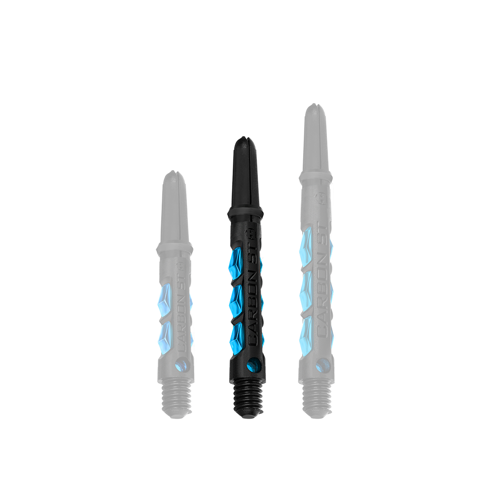 HR411_Harrows_Carbon_ST_Shafts_Aqua_40mm_1 Das Bild zeigt drei schwarze Harrows Carbon ST Shafts mit blauen Akzenten in der Farbe Aqua. Die Schäfte sind in unterschiedlichen Längen angeordnet und haben den Schriftzug "CARBON ST" aufgedruckt.