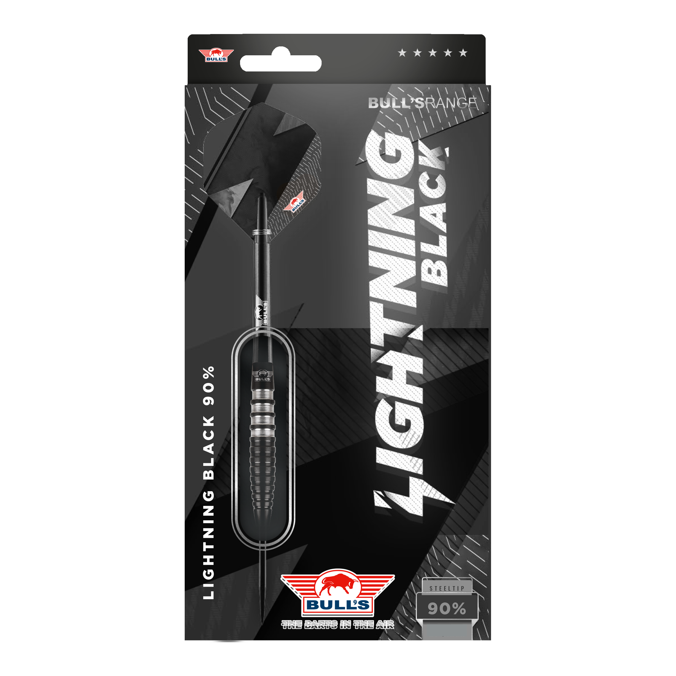 Bulls NL Lightning Black Steel Darts Das Bild zeigt die Verpackung der "Bulls NL Lightning Black Steeldarts". Die Darts haben ein schwarzes Design und bestehen zu 90% aus Tungsten.