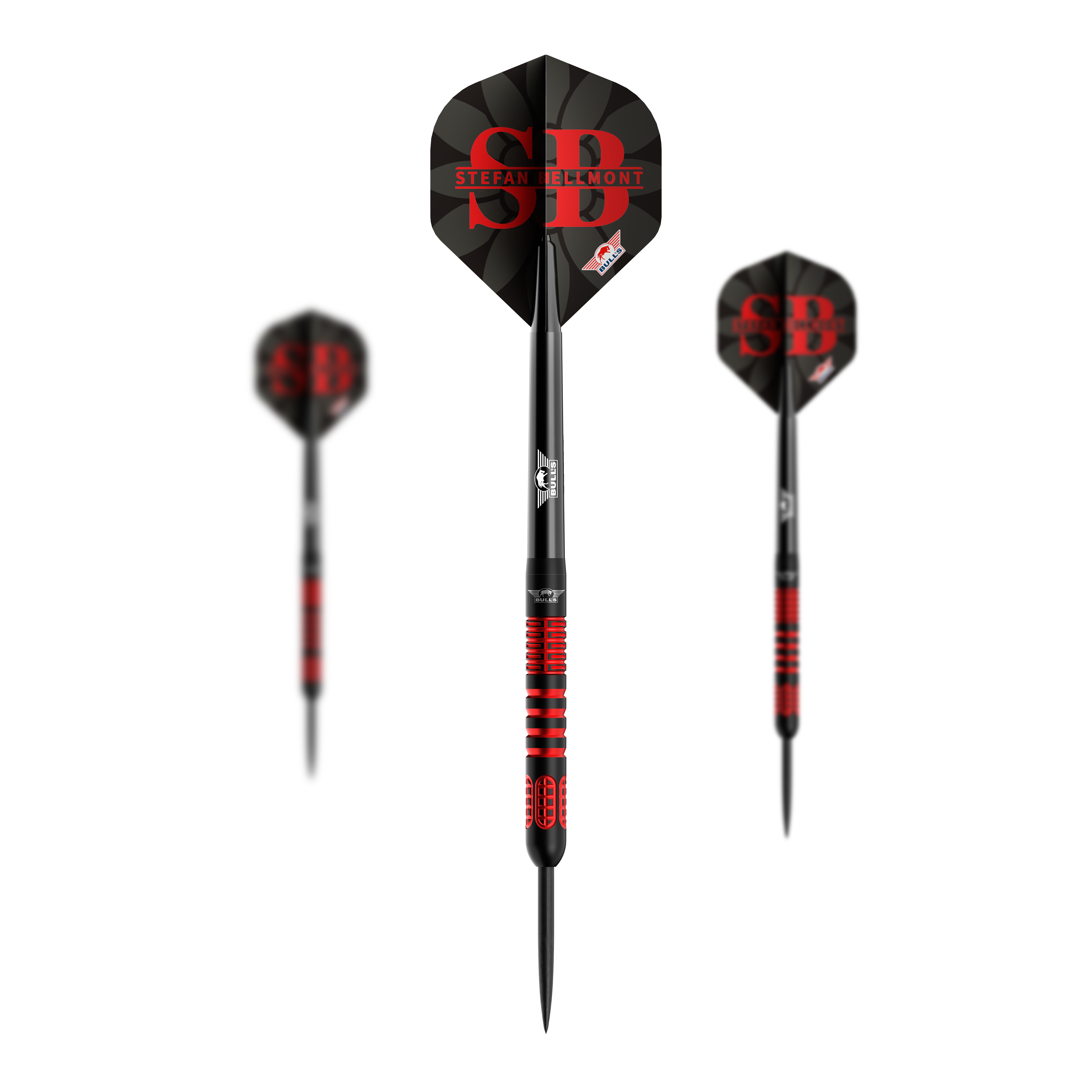 Ein Satz Bulls NL Stefan Bellmont 90 Steeldarts mit 23 Gramm ist abgebildet. Die Darts sind speziell für das Steeldartspiel entwickelt.