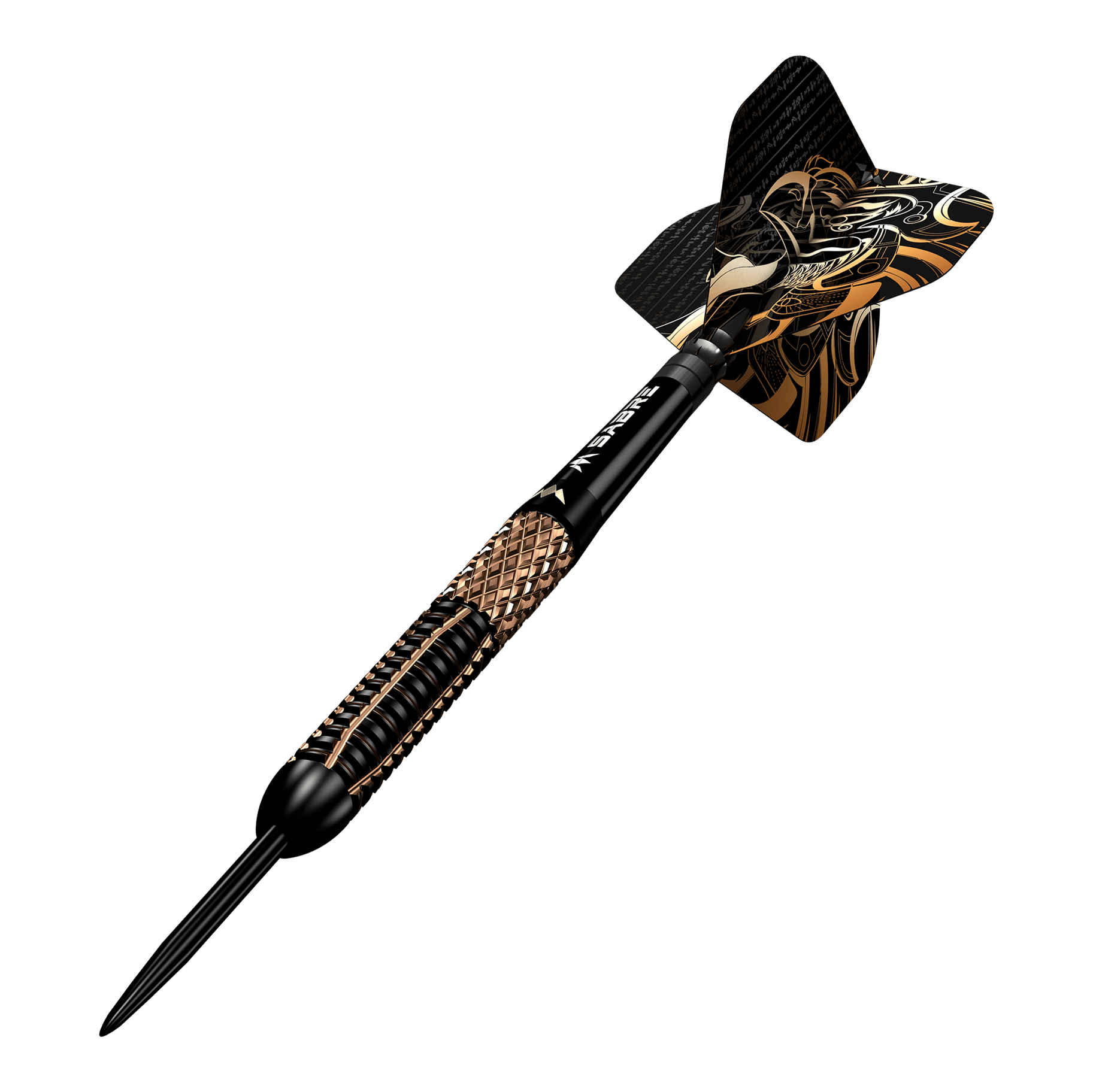 Mission Horus Steeldarts Der abgebildete Artikel ist ein Mission Horus Steeldart. Er hat ein auffälliges Design mit goldenen und schwarzen Details auf dem Schaft und den Flights.