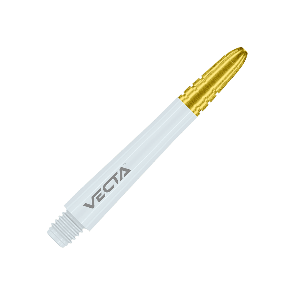 Winmau Vecta Shafts - Weiß Gold Das Bild zeigt einen weißen Dart-Schaft mit einer goldenen Spitze. Auf dem Schaft steht das Wort "VECTA".