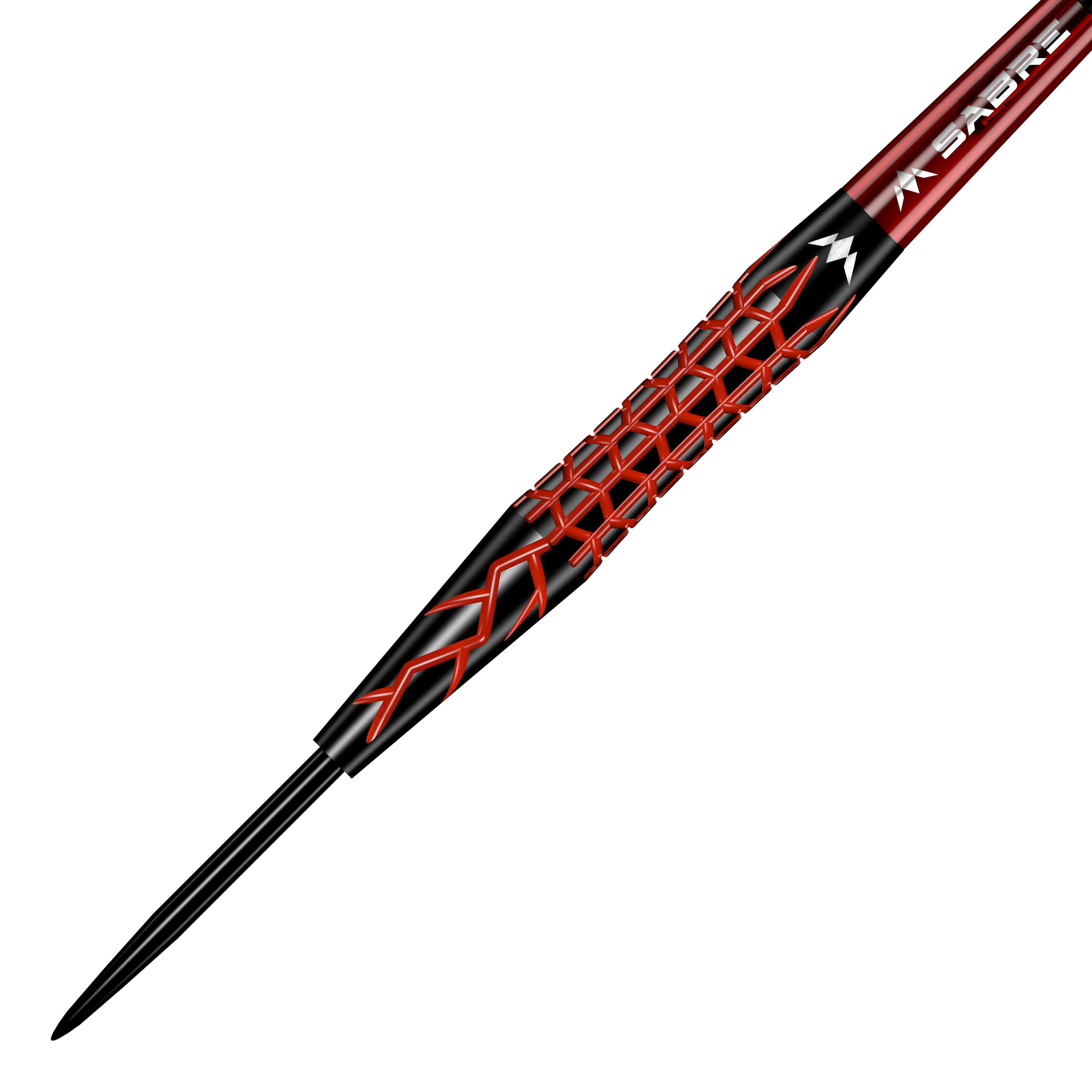 Mission Lava Steeldarts Das Bild zeigt einen Mission Lava Steeldart. Der Dart hat ein auffälliges schwarzes und rotes Design mit einem rautenförmigen Muster auf dem Griff.