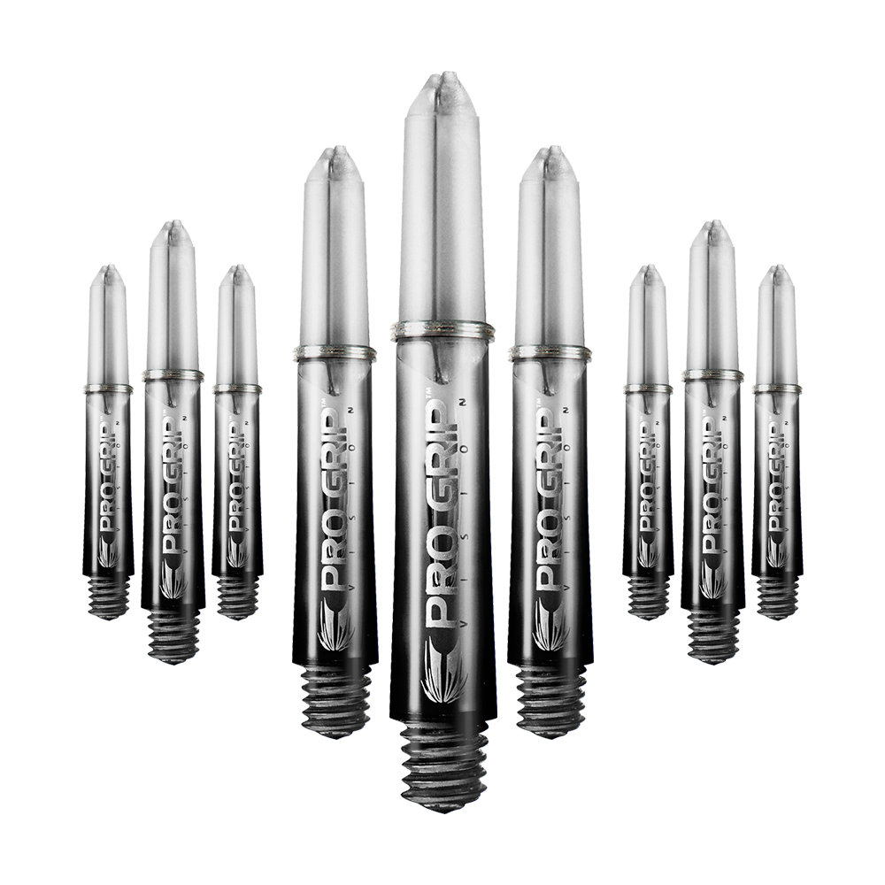 Target Pro Grip Vision Shafts - 3 Sets - Black Auf dem Bild sind mehrere schwarze Dartschäfte der Marke "Pro Grip Vision" zu sehen. Sie sind in einer Reihe angeordnet und haben eine glänzende Oberfläche.