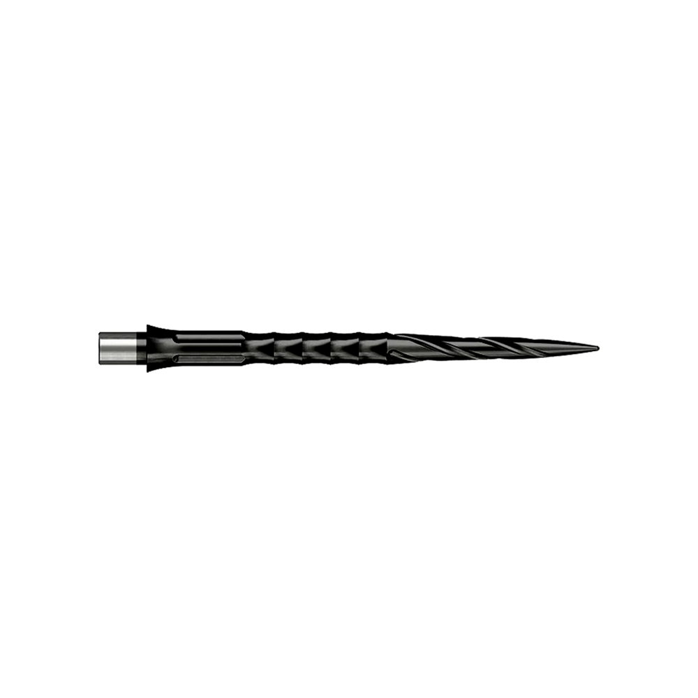 Hier sieht man eine Steeldartspitze des Caliburn Evo Systems, Modell Spiro NoLip Black, 36mm. Die Spitze ist schwarz und länger als die 32mm Variante.
