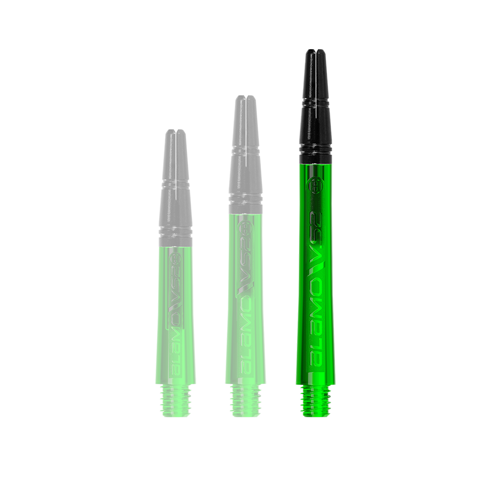 Harrows Alamo VS2 Shafts - Green Auf dem Bild sind drei grüne Dartschäfte in unterschiedlicher Länge zu sehen. Die Schäfte haben schwarze Spitzen und tragen die Aufschrift "alamo VS2".