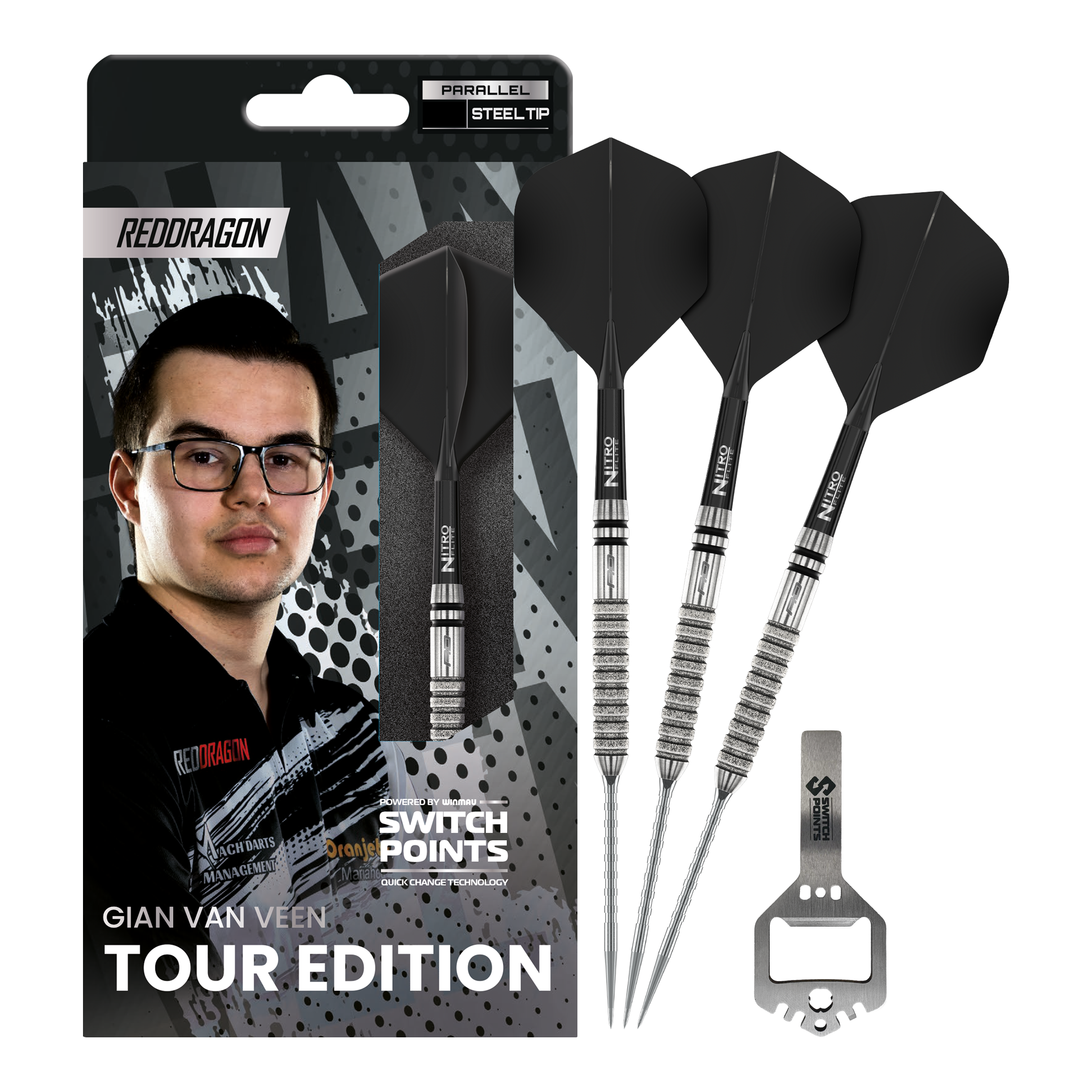Abgebildet sind die Red Dragon Gian Van Veen Tour Edition Switch Point Steeldarts - 21g in voller Länge. Die Steeldarts zeichnen sich durch ihre hochwertige Verarbeitung aus.