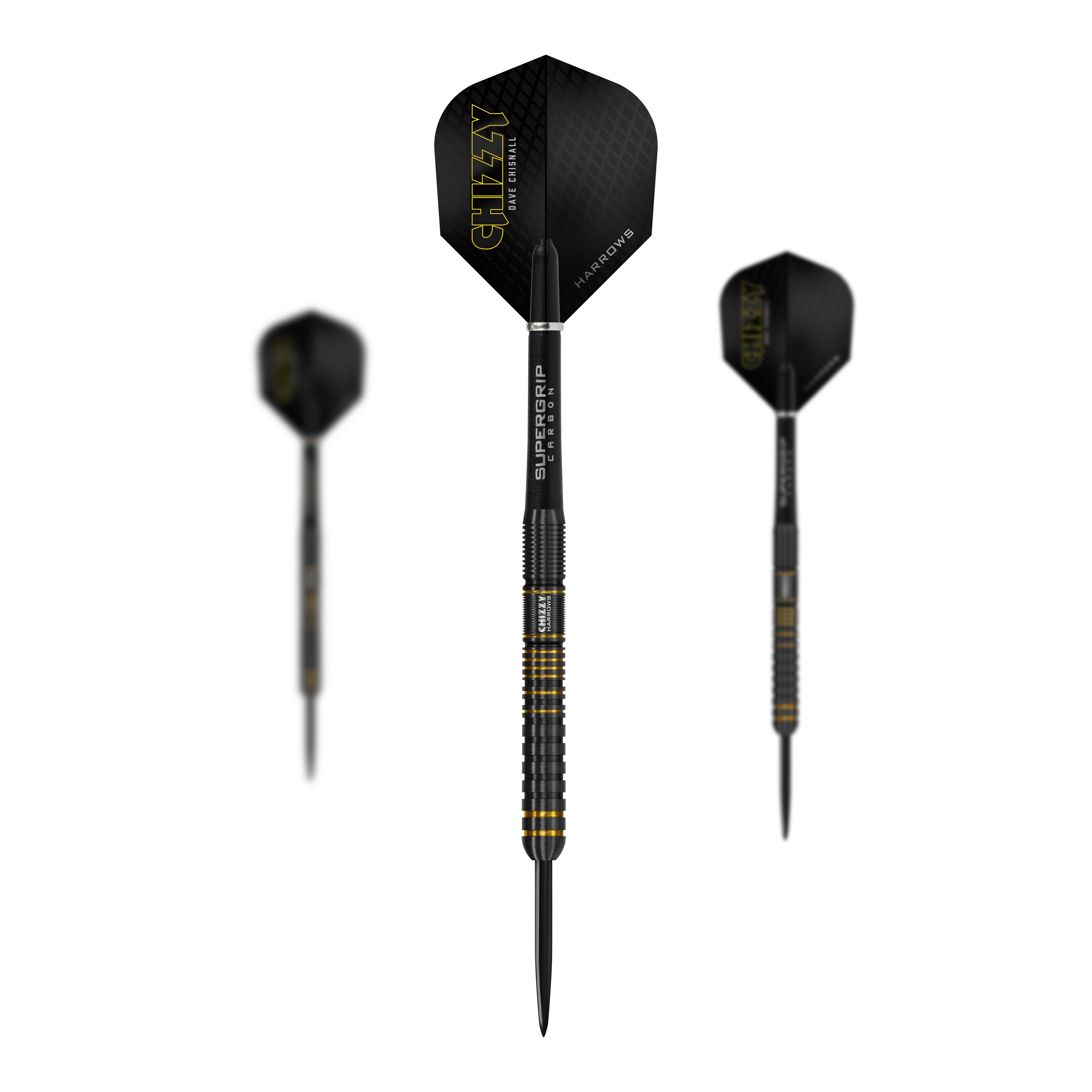 Harrow's Dave Chisnall Chizzy Series 3 steel darts Das Bild zeigt drei Steeldarts der Marke "Harrows Dave Chisnall Chizzy Series 3". Die Darts haben schwarze Flights mit gelber Aufschrift und einen schwarzen Schaft mit gelben Ringen am Griff.