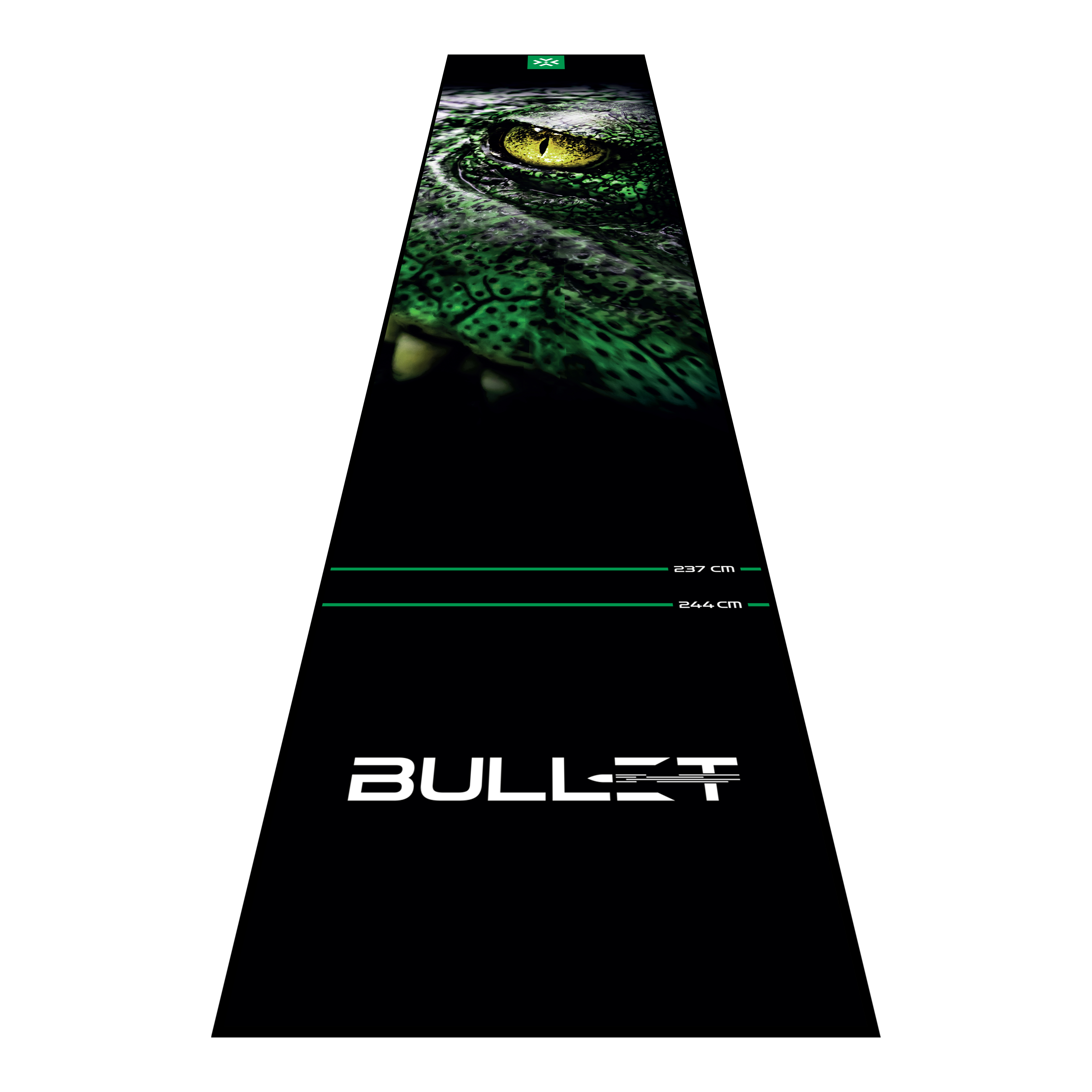Bullet Gator Dart Mat Die Bullet Gator Dartmatte ist auf dem Bild zu sehen. Sie schützt den Boden und markiert die Abwurflinie beim Dartspiel.