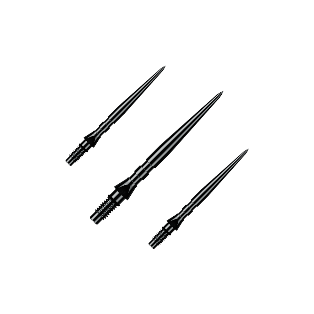 Auf dem Bild ist ein Set aus schwarzen Winmau Switch Point Groove Steeldartspitzen mit 26 mm Länge zu sehen. Diese Ersatzspitzen sind speziell für Steeldarts gedacht.