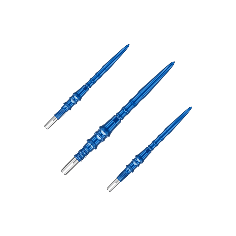 Auf dem Bild ist ein Set von blauen Dartspitzen zu sehen. Die Spitzen sind jeweils 30 mm lang.
