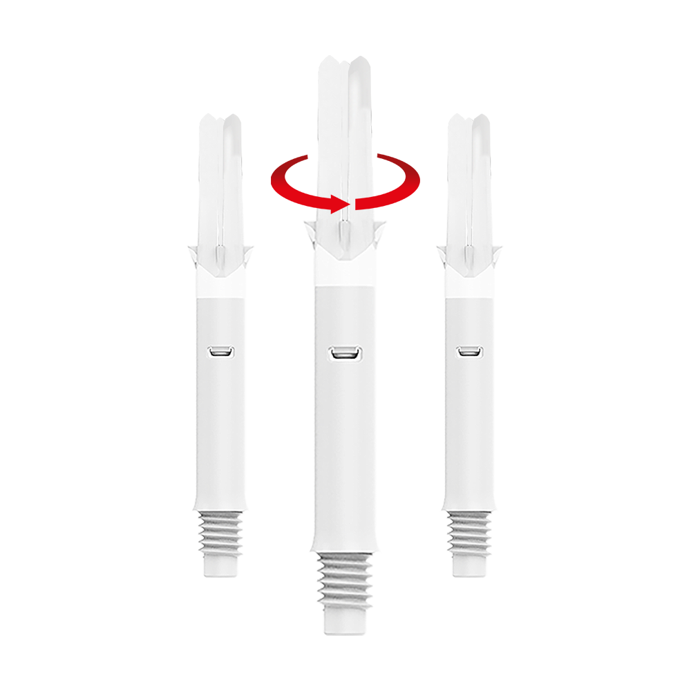 L-L-Style-Shafts Silent Straight - White Das Bild zeigt drei weiße Dartschäfte ohne Kappen in unterschiedlicher Länge. Über dem mittleren Schaft ist ein roter Pfeil, der auf eine Drehbewegung hinweist.