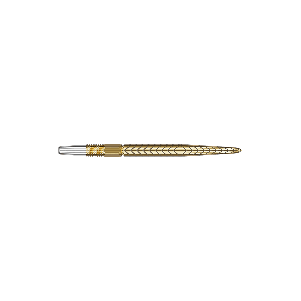 Target Swiss Point RVE dart tips - Gold Auf dem Bild ist eine goldfarbene Dartspitze mit einem Muster zu sehen. Der vordere Teil der Spitze ist silberfarben.