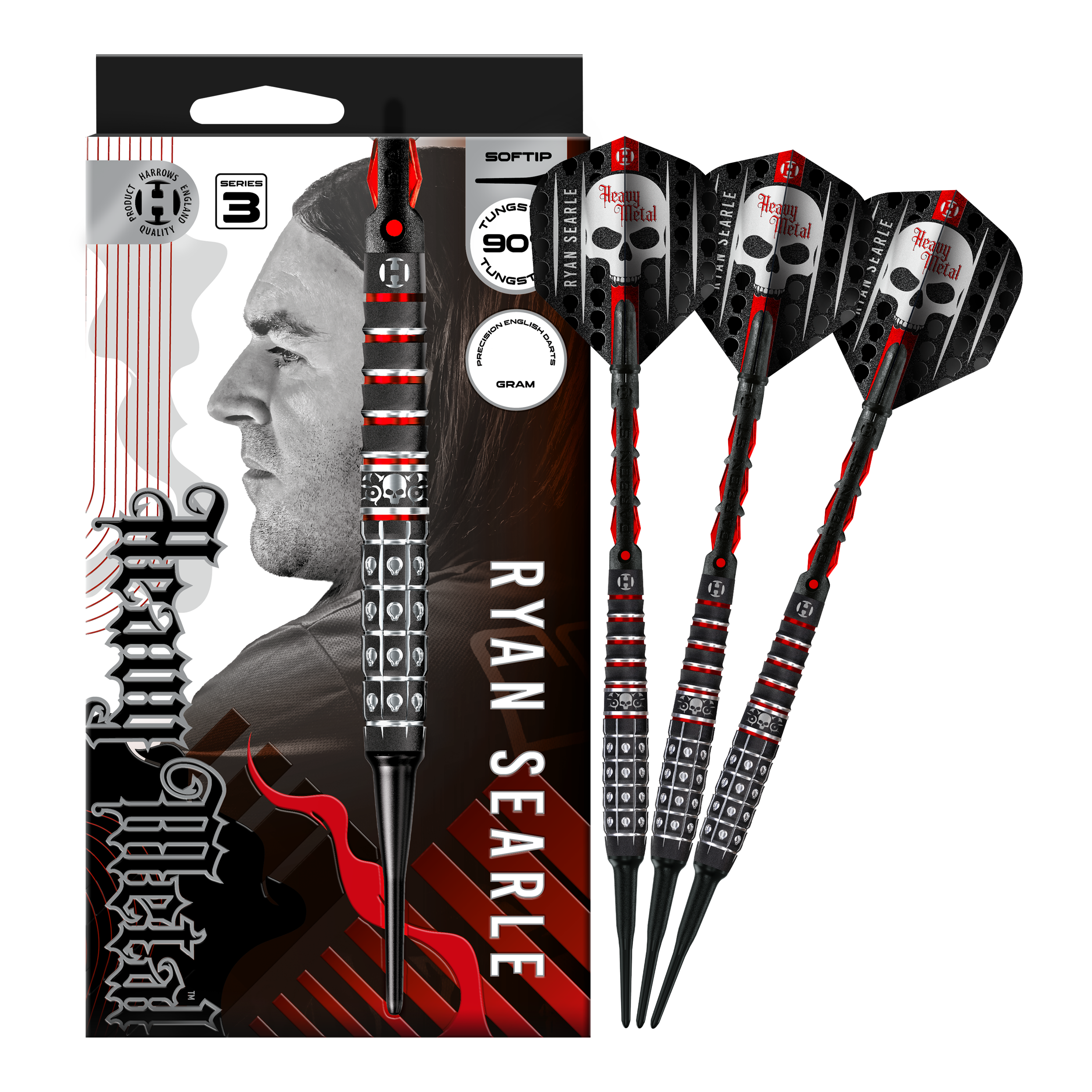 Harrow's Ryan Searle Series 3 soft darts Das Foto zeigt Harrows Ryan Searle Series 3 Softdarts in voller Ansicht. Der Artikel ist für Softdart-Spiele gedacht.