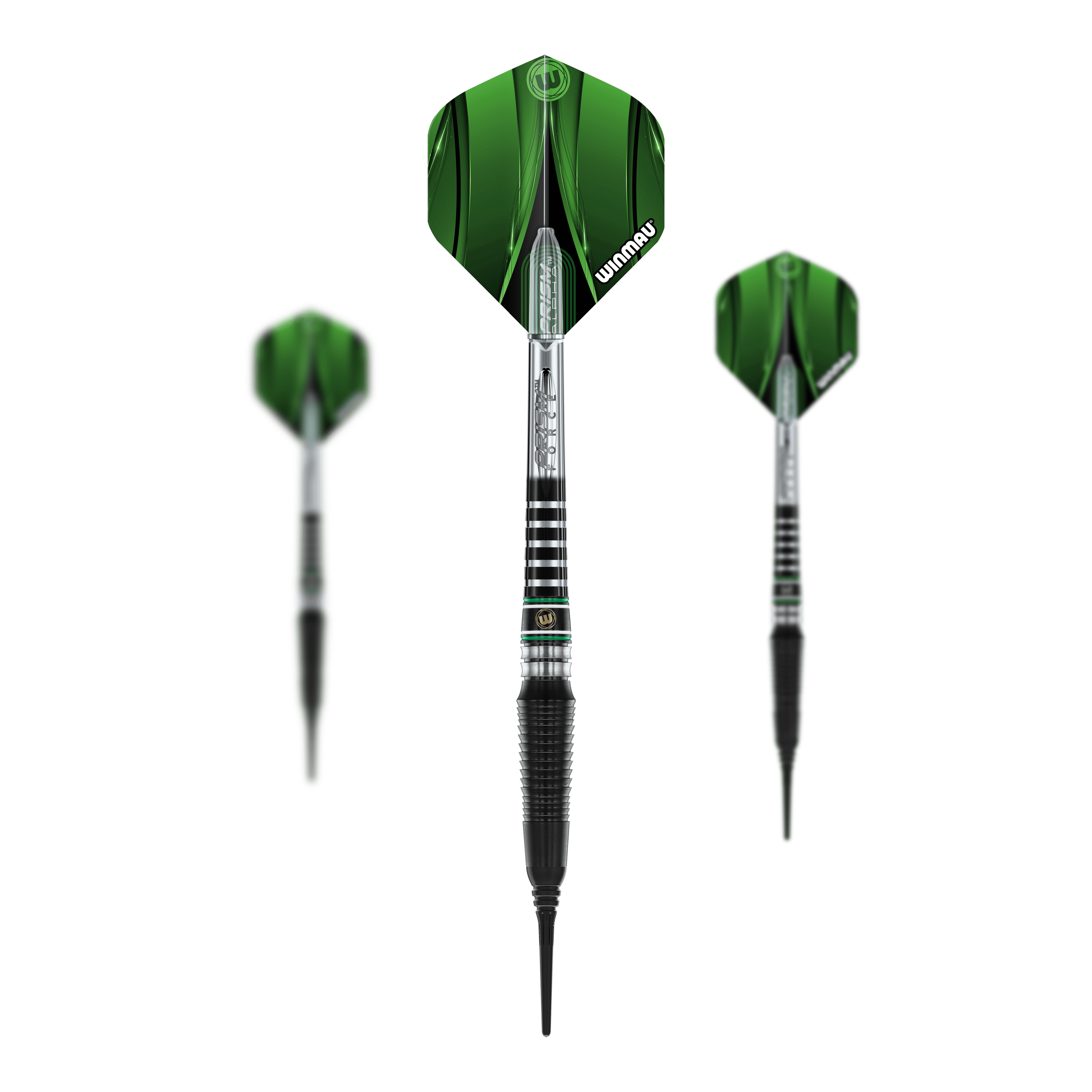 Winmau Sniper Black 2025 soft darts - 20g Das Bild zeigt drei Winmau Sniper Black 2025 Softdarts mit einem Gewicht von 20g. Die Darts haben grüne Flights und ein schwarzes, silbernes Barrel-Design.