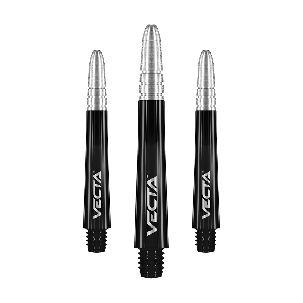 Winmau Vecta Shafts - Schwarz Silber Das Bild zeigt drei schwarze und silberne Dartschäfte der Marke Vecta. Sie sind identisch gestaltet und tragen den Schriftzug "VECTA" auf der Seite.