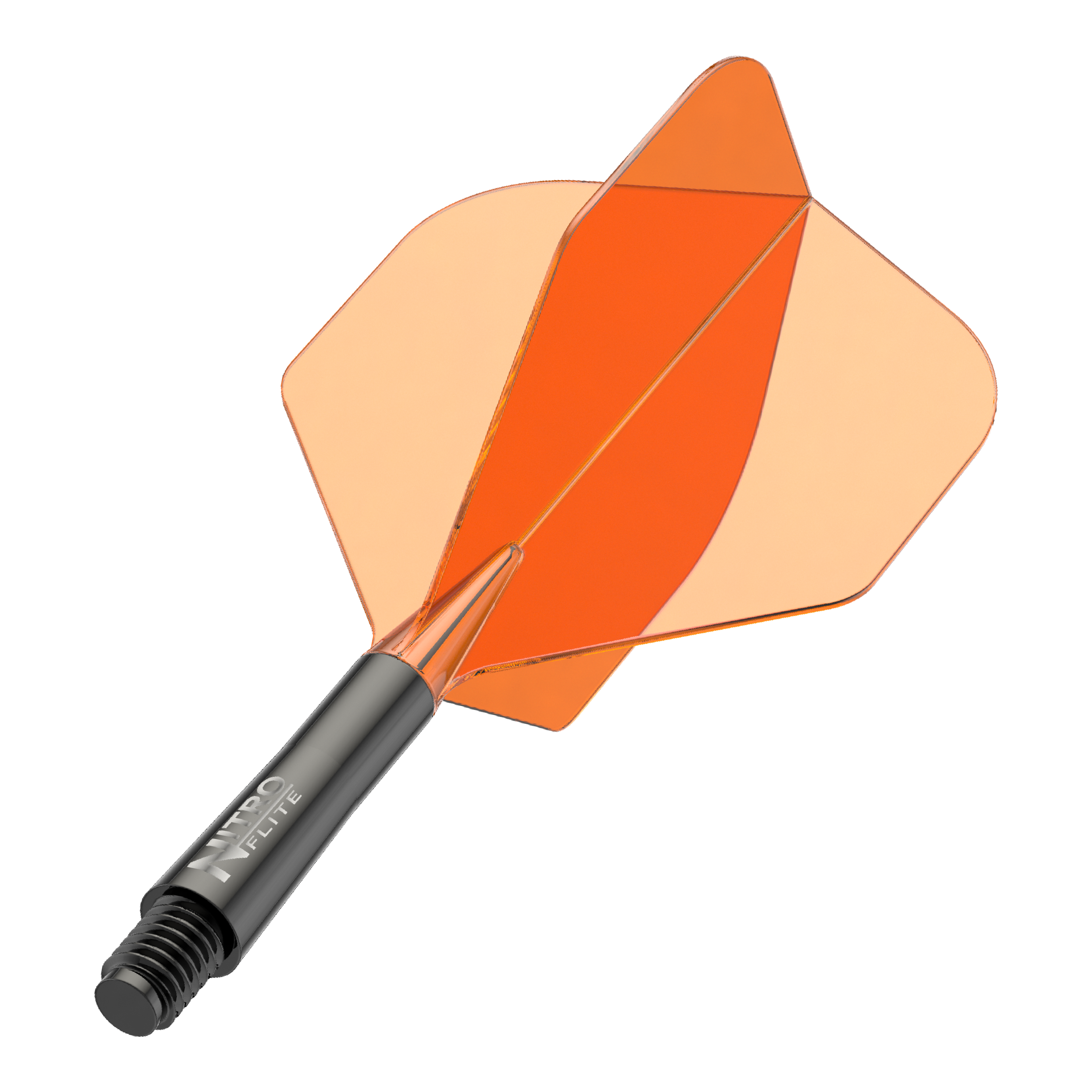 Auf dem Bild ist ein schwarzer Dartschaft mit orangefarbenen Flights zu sehen. Es handelt sich um ein Zubehör für Dartpfeile.
