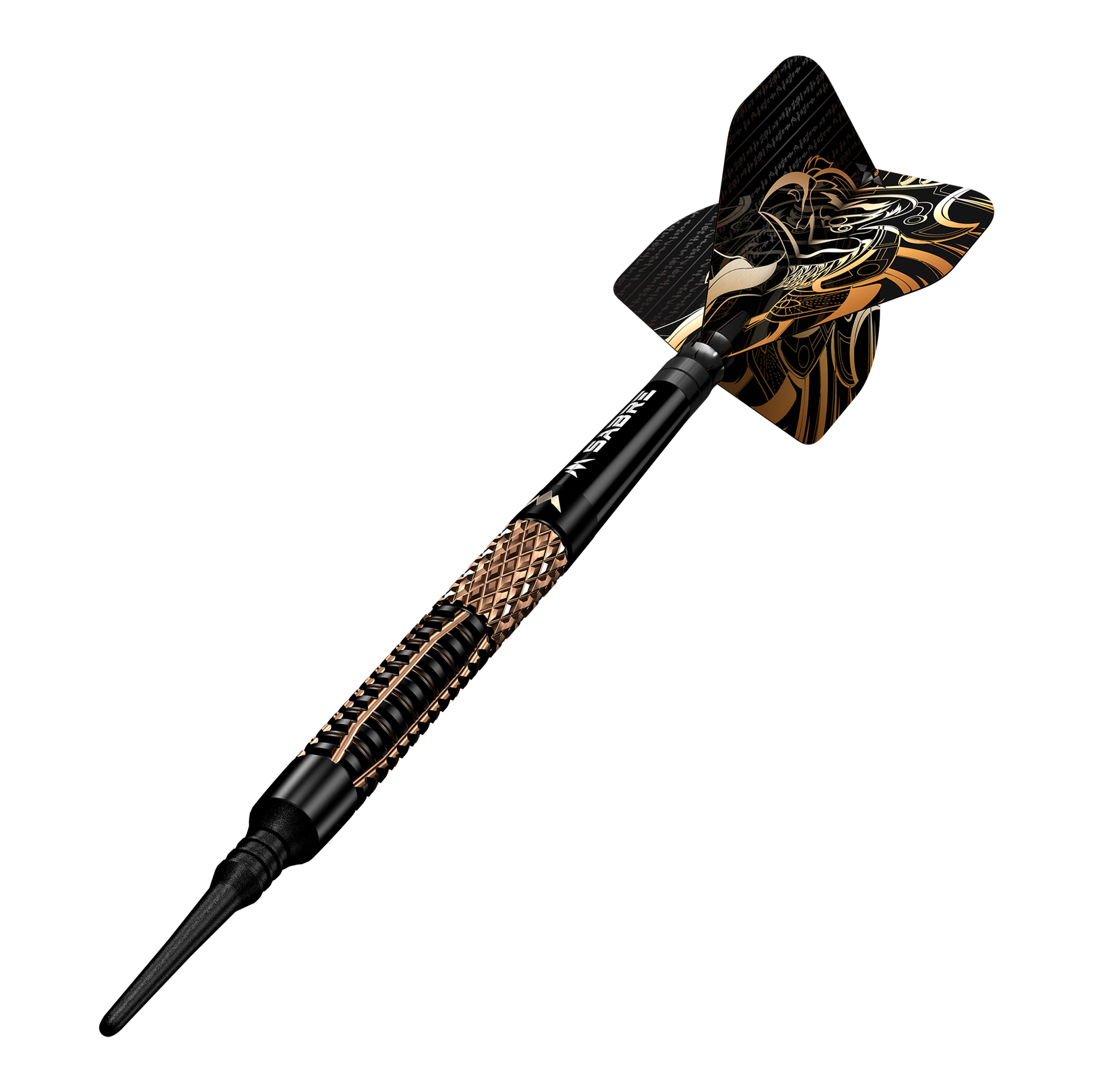 Mission Horus Softdarts - 19g Das Bild zeigt einen Mission Horus Softdart mit einem Gewicht von 19 Gramm. Der Dart hat ein auffälliges schwarzes und goldenes Design.