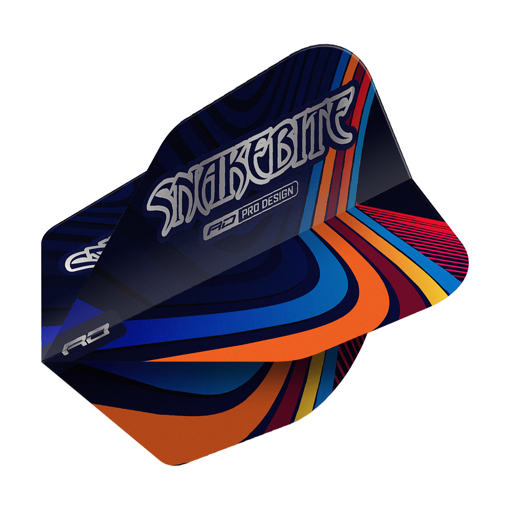 Red Dragon Peter Wright Snakebite Multi Swirl No6 Flights Das Bild zeigt ein Dartflight mit dem Namen "Red Dragon Peter Wright Snakebite Multi Swirl No6 Flights". Das Flight-Design ist bunt mit geschwungenen Linien in Blau, Orange, Rot und Gelb, und trägt die Aufschrift "Snakebite".
