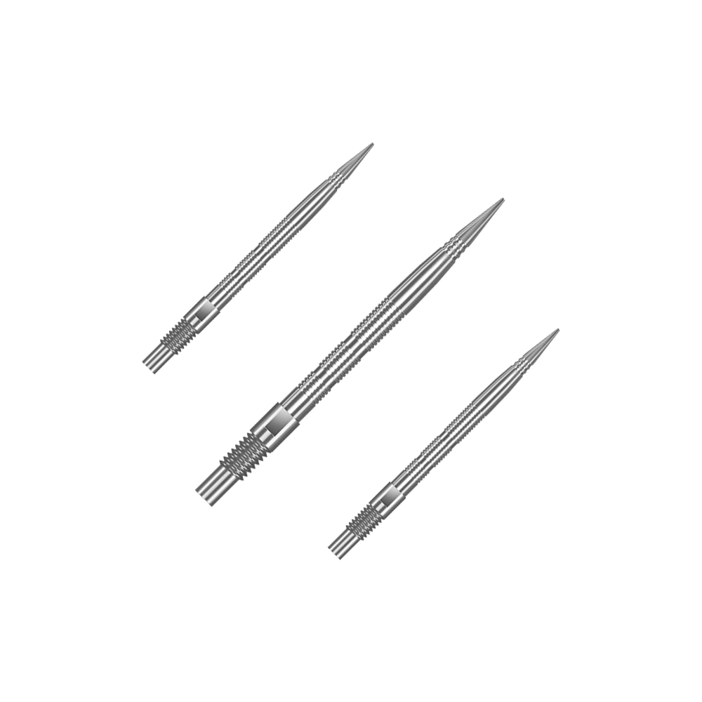 Harrows Quick Point Micro Ridge Dart Tips - Silver Eine Verpackung mit mehreren Harrows Quick Point MicroRidge Dartspitzen in Silber mit 26 mm Länge ist abgebildet. Die Dartspitzen sind zur besseren Ansicht gruppiert.