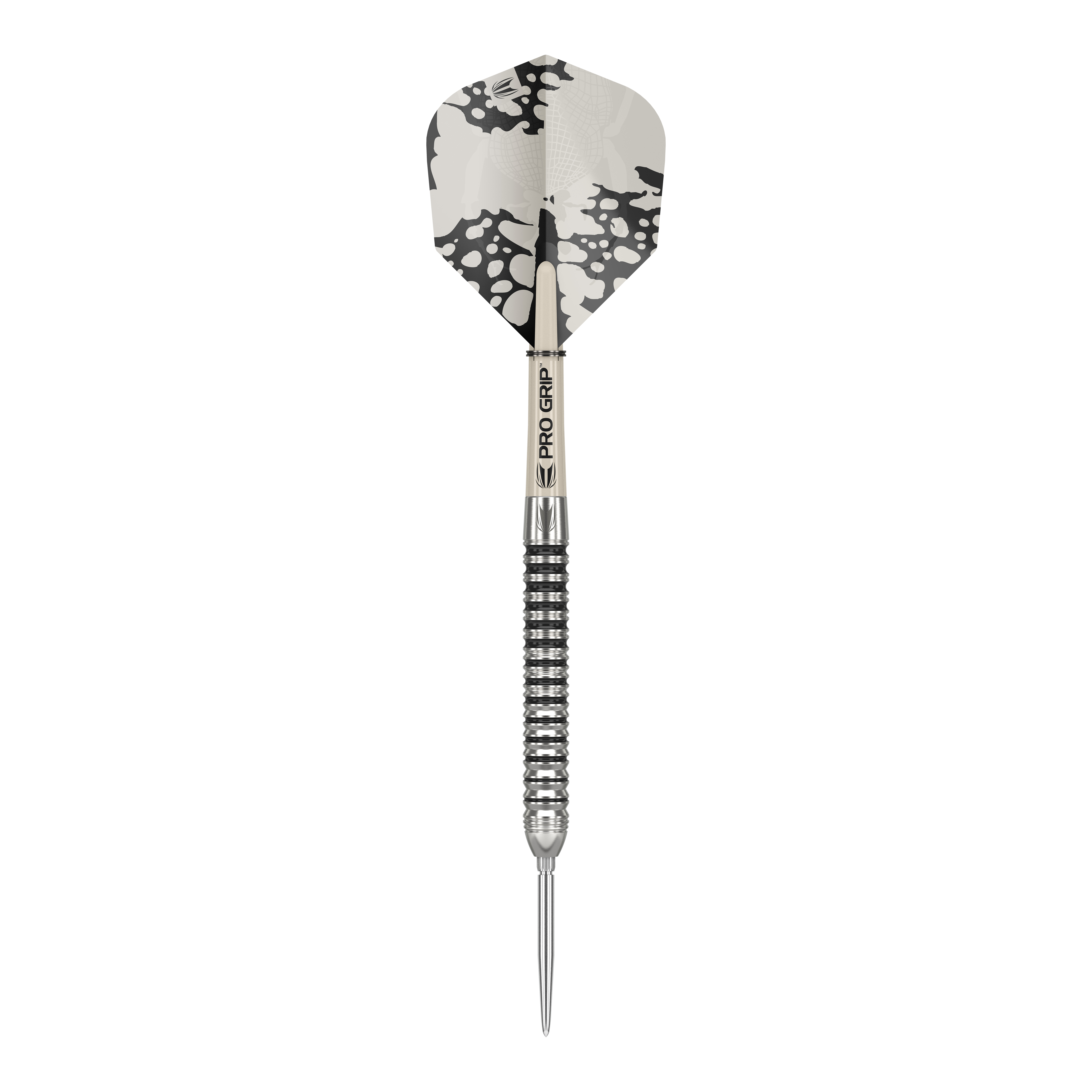 Target EXO SP01 Swiss Point steel darts Das Bild zeigt einen Target EXO SP01 Swiss Point Steeldart. Der Dartpfeil hat ein schwarz-silbernes Design mit einer auffälligen schwarz-weißen Flight.