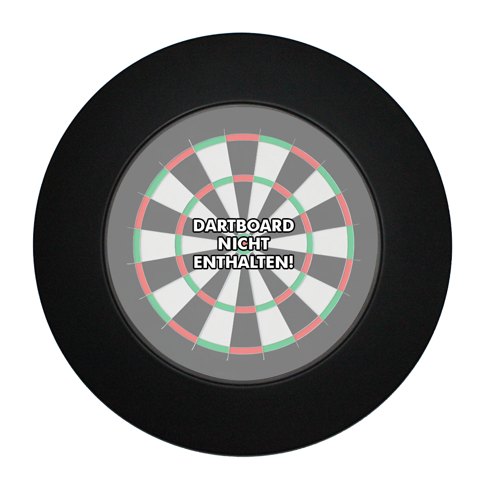 DBS-schwarz_McDart_Dartboard_Surround_Schwarz_1 Das Bild zeigt das Produkt "McDart Dartboard Surround", einen runden Schutzring für Dartboards. In der Mitte steht der Hinweis "Dartboard nicht enthalten!"