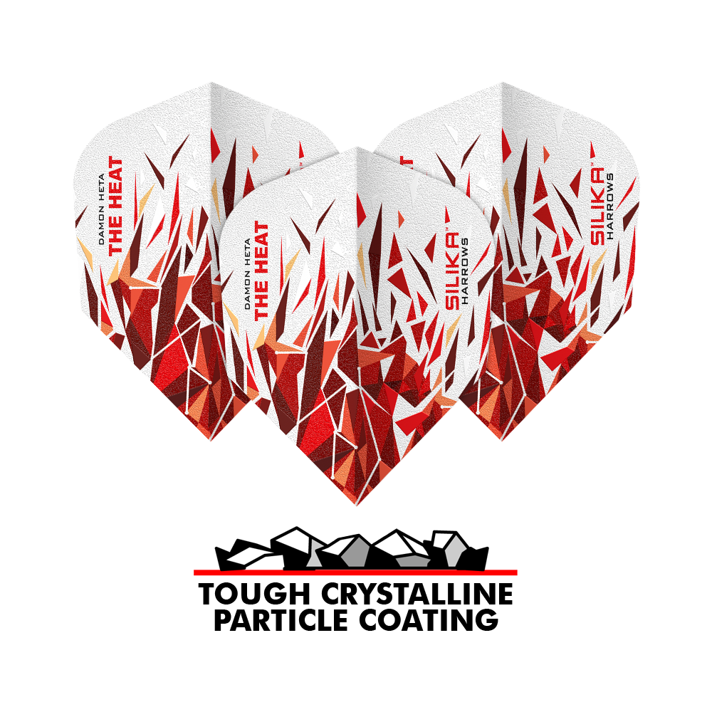 Harrows Silika Damon Heta 2 Solid Tough Crystalline Coating No6 Flights Das Bild zeigt die Harrows Silika Damon Heta 2 Dart-Flights mit auffälligem, rot-weißem Kristalldesign. Unten steht der Schriftzug "Tough Crystalline Particle Coating".