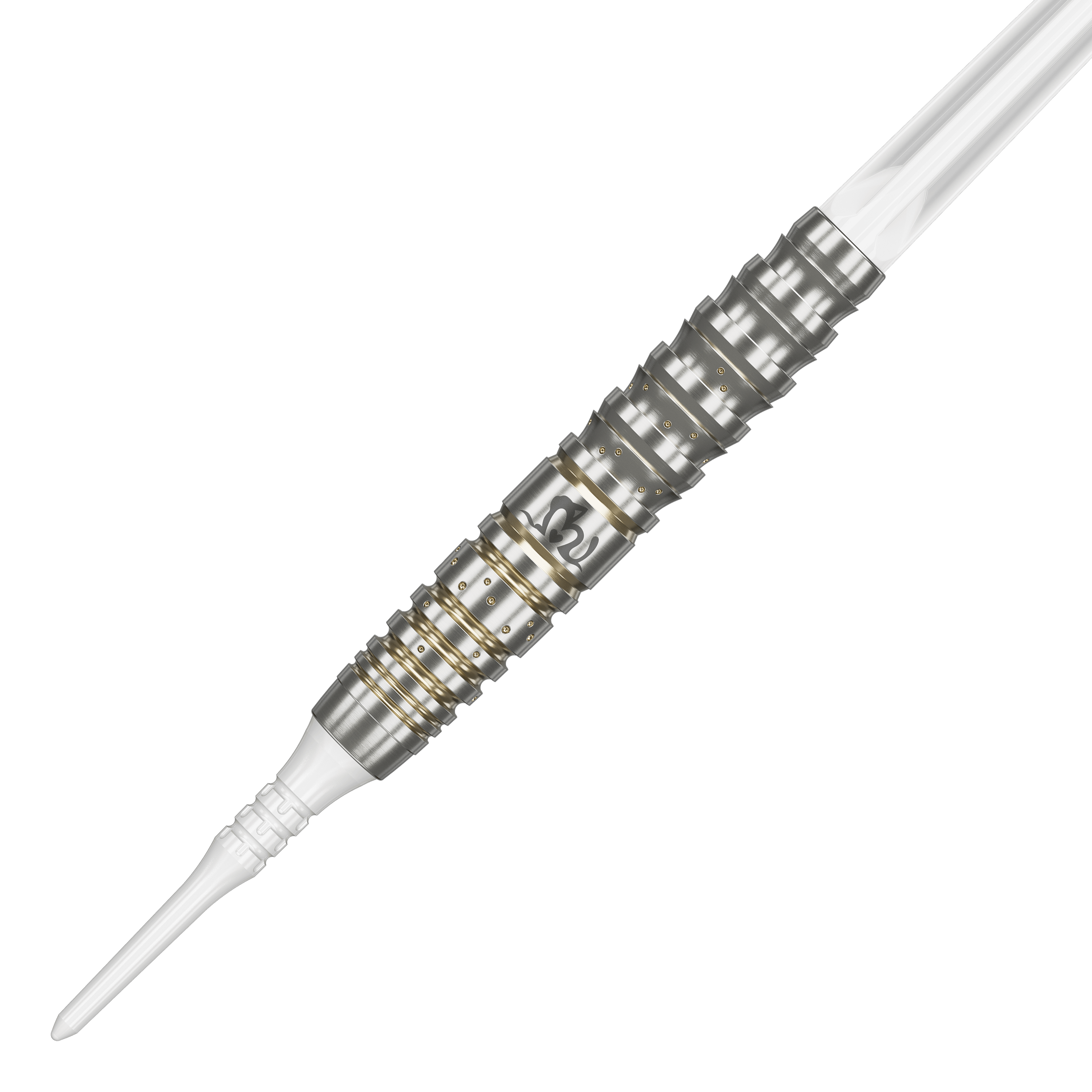 Target Japan Prime Series Mayujo Morita GEN6 Soft Darts - 18g Das Bild zeigt einen Softdart der Produktreihe "Target Japan Prime Series Mayujo Morita GEN6" mit 18 Gramm Gewicht. Der Dart ist silbern mit goldenen Ringen und hat eine weiße Spitze.